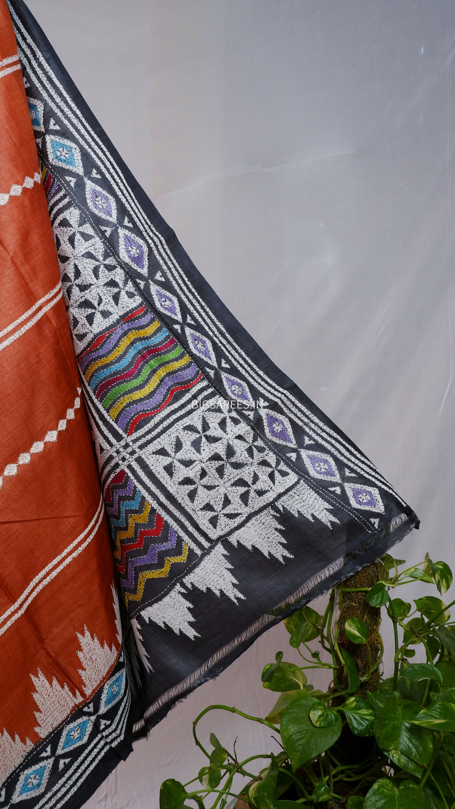 Kantha Hand Embroidered Saree | Pure Gachi by Gachi Tussar Silk | Silk Mark Certified | Orange - Black