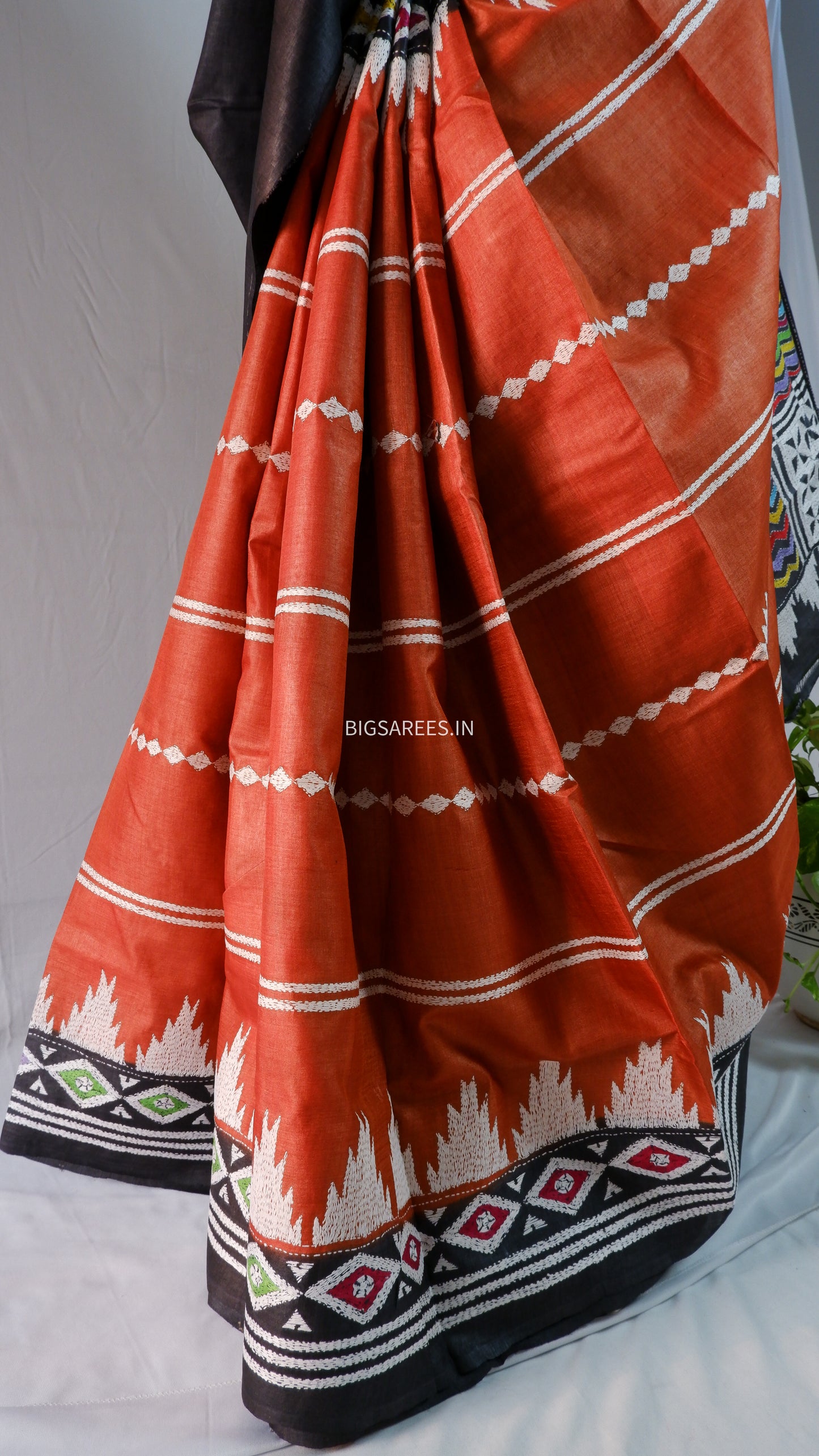 Kantha Hand Embroidered Saree | Pure Gachi by Gachi Tussar Silk | Silk Mark Certified | Orange - Black