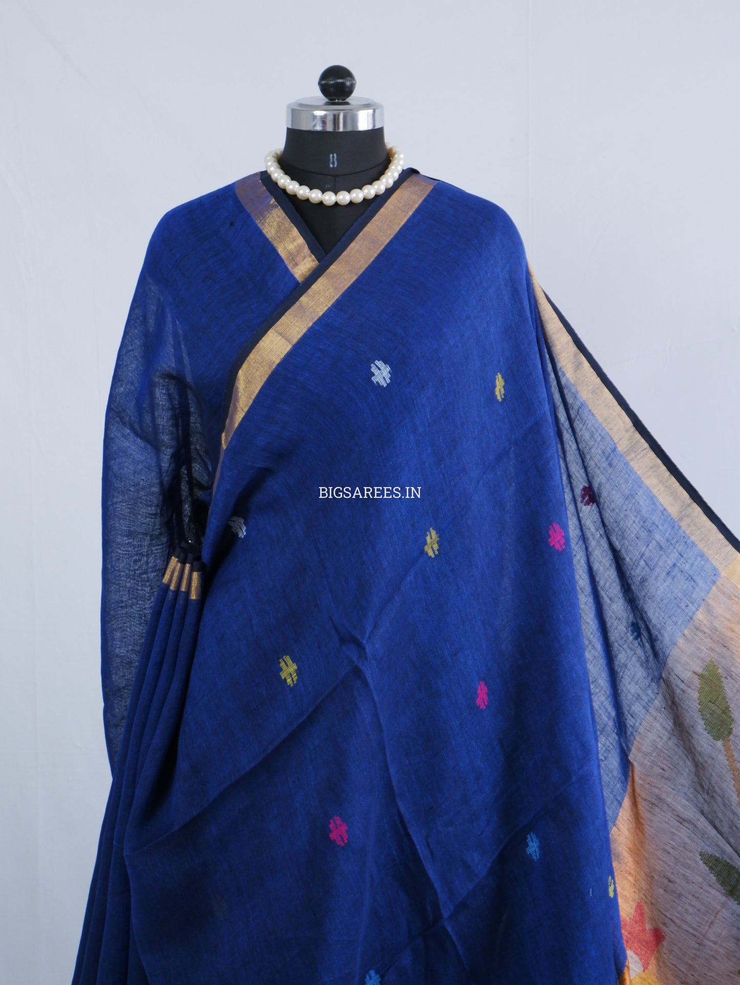 Paithani Style Linen Saree | Jamdani | Navy Blue