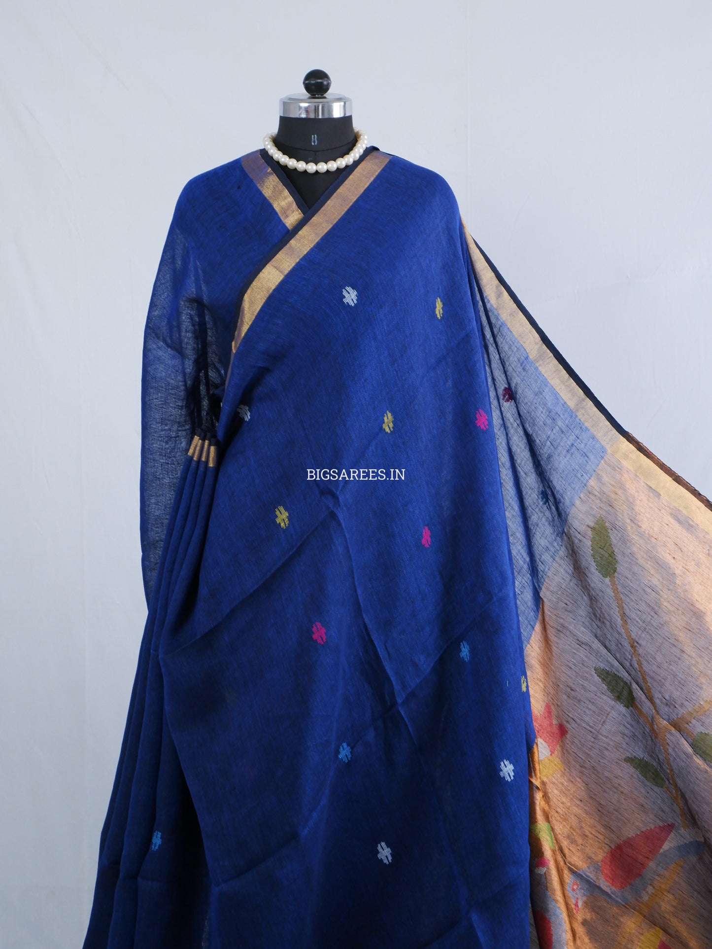 Paithani Style Linen Saree | Jamdani | Navy Blue