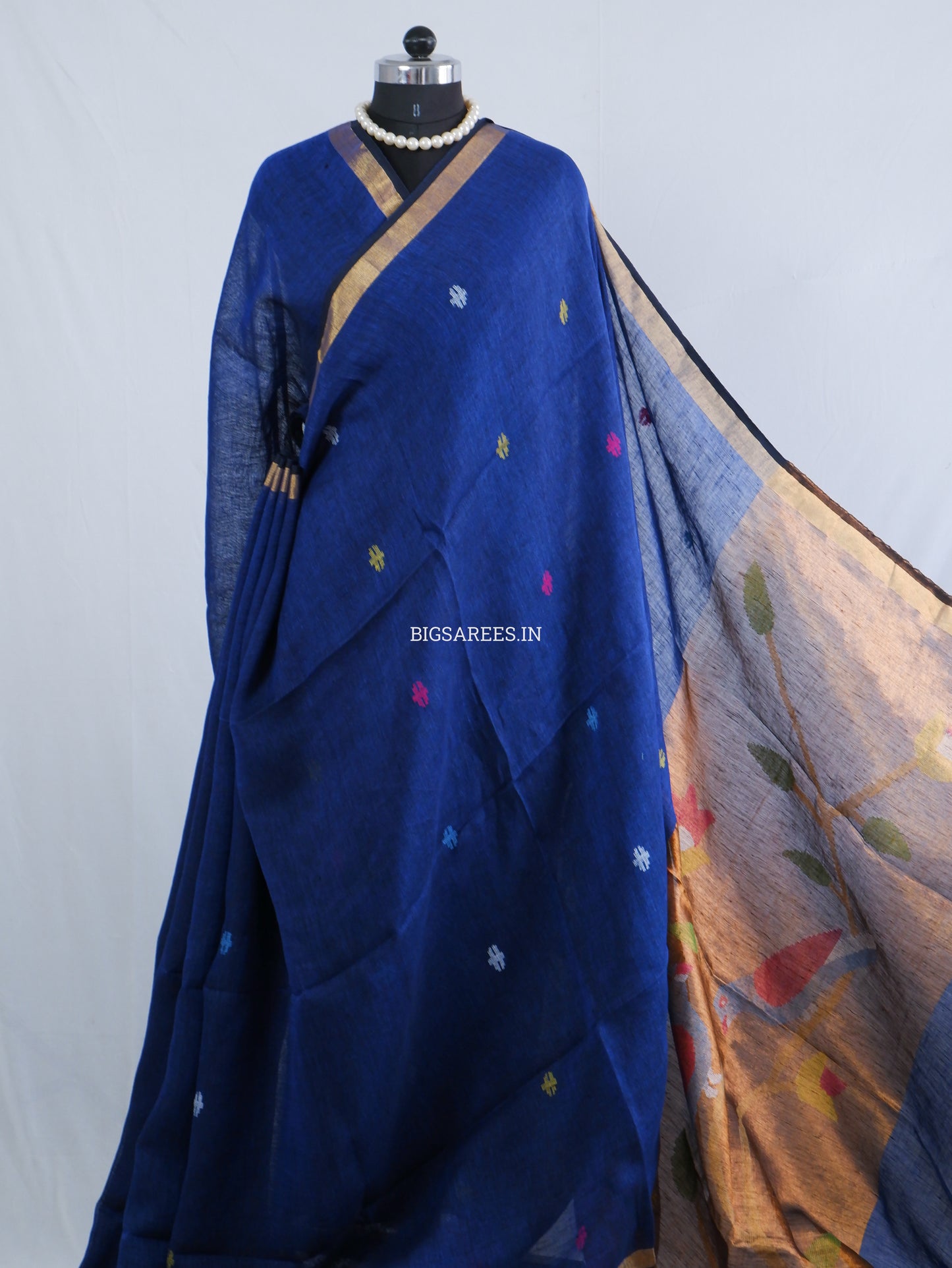 Paithani Style Linen Saree | Jamdani | Navy Blue