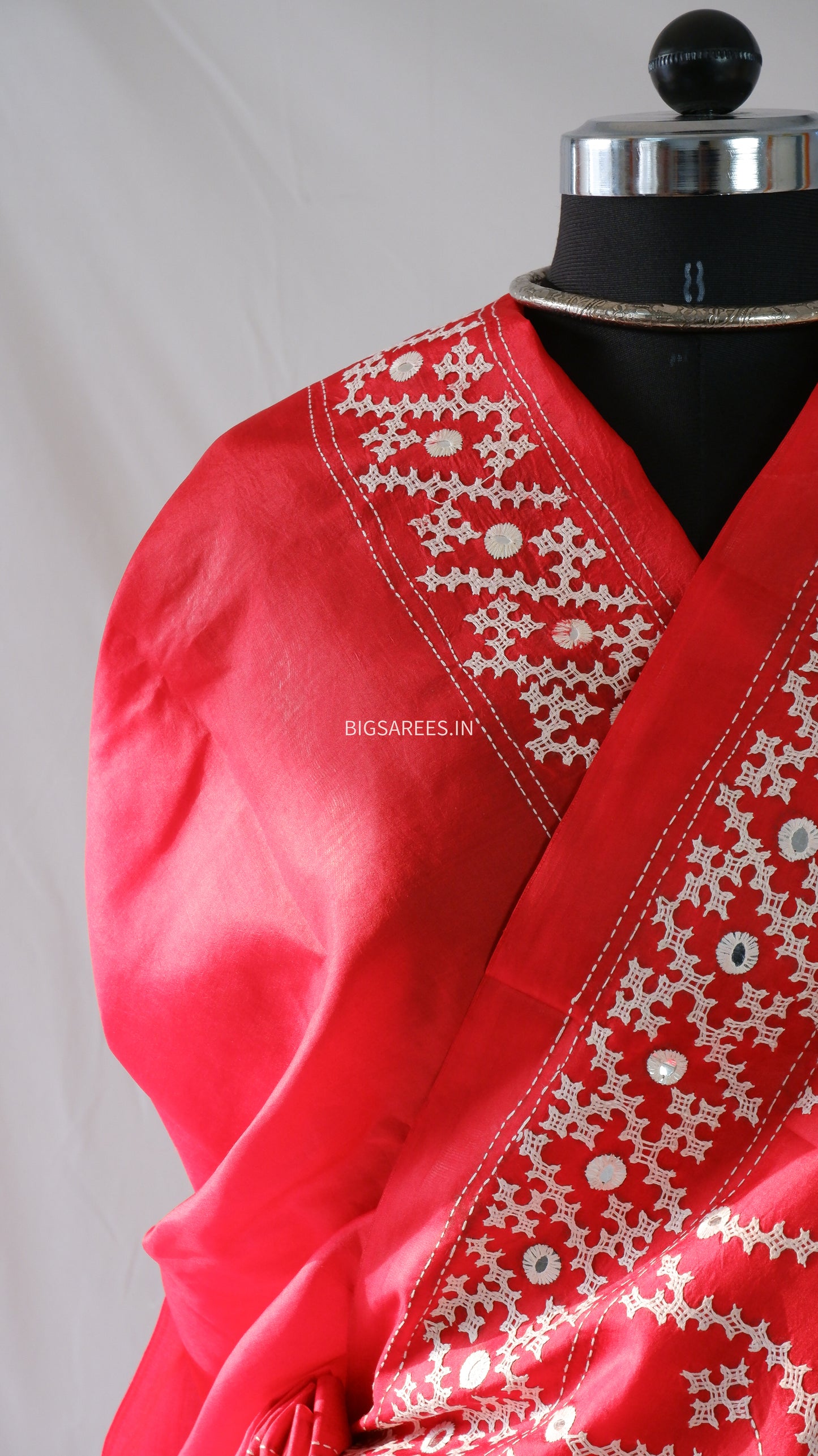 Kutch Hand Embroidered Saree| Pure Bangalore Silk | Silk Marked | Red