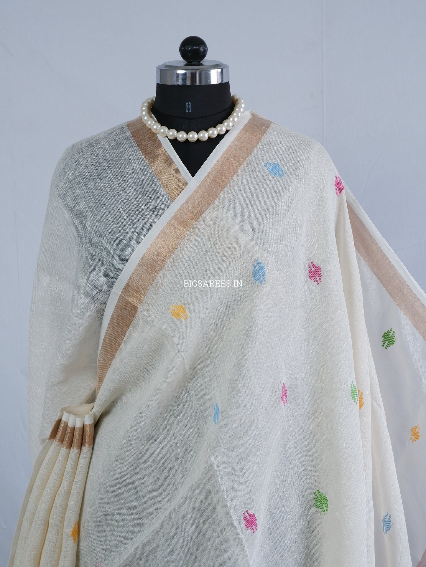 Paithani Style Linen Saree | Jamdani | White