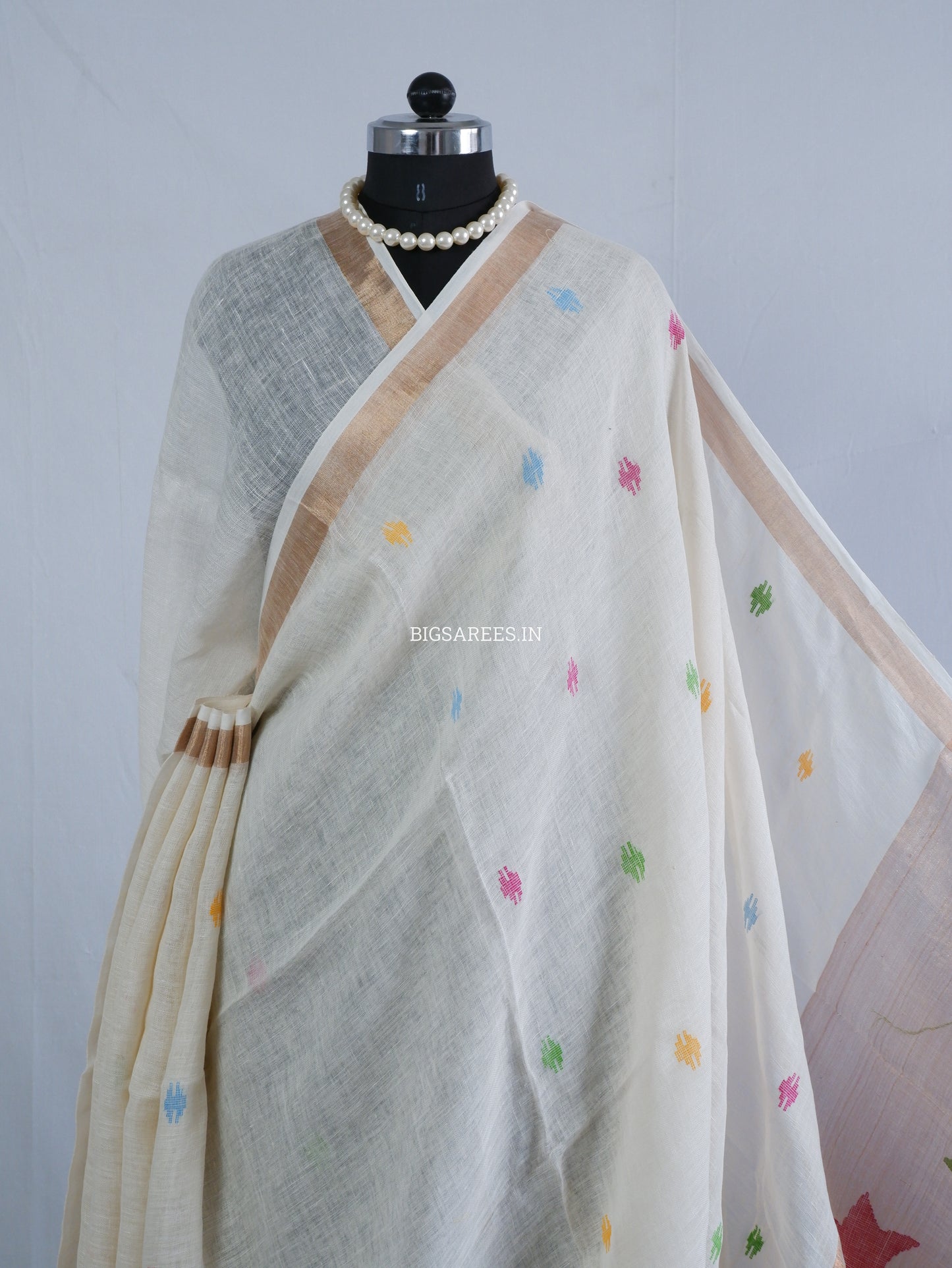Paithani Style Linen Saree | Jamdani | White