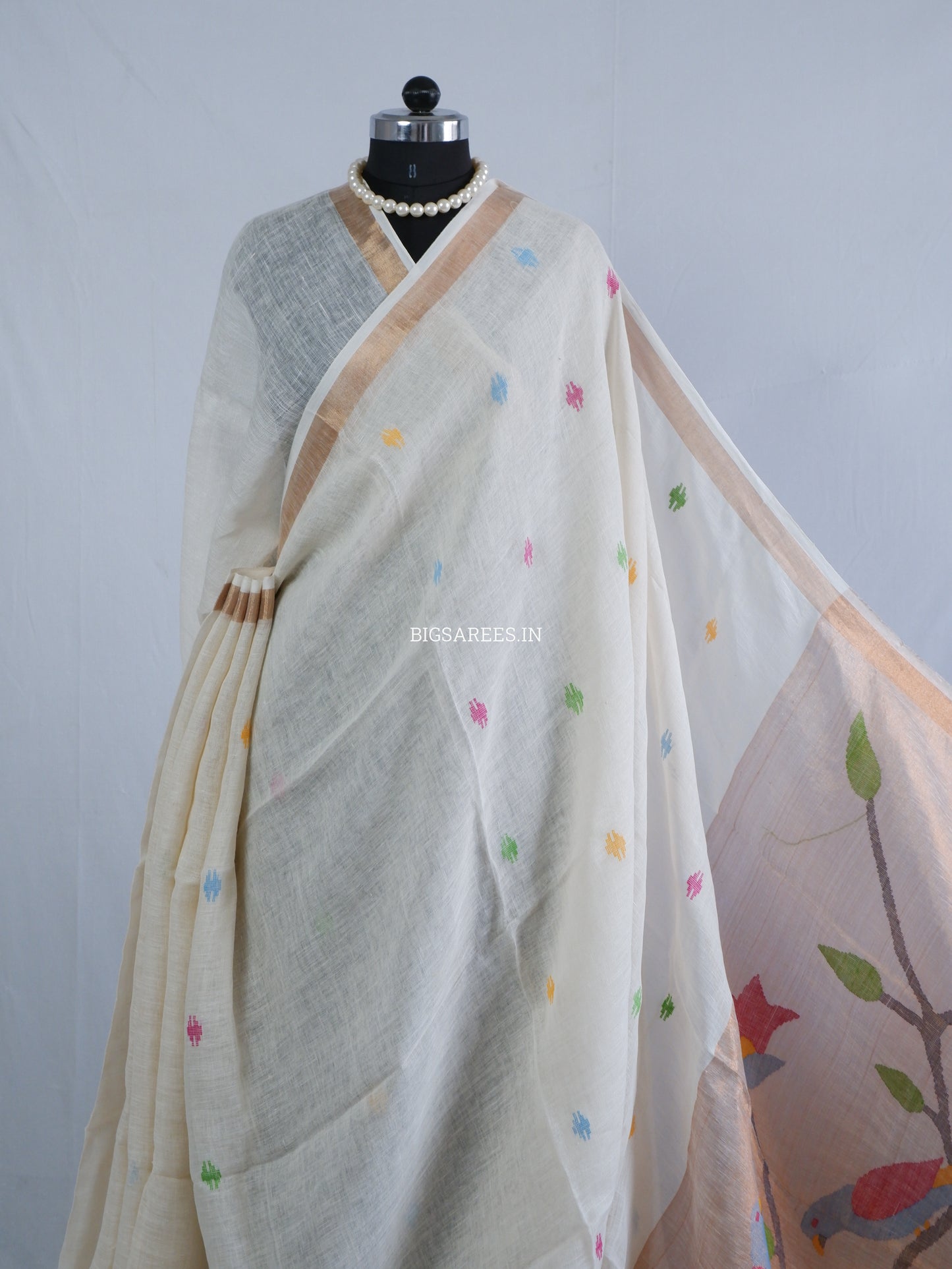 Paithani Style Linen Saree | Jamdani | White