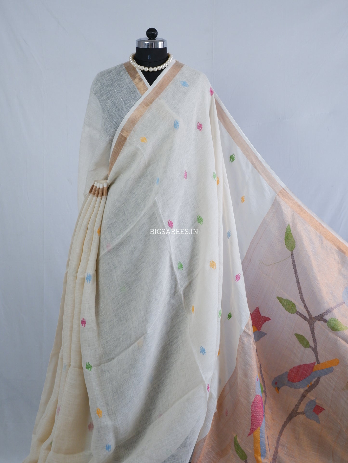 Paithani Style Linen Saree | Jamdani | White