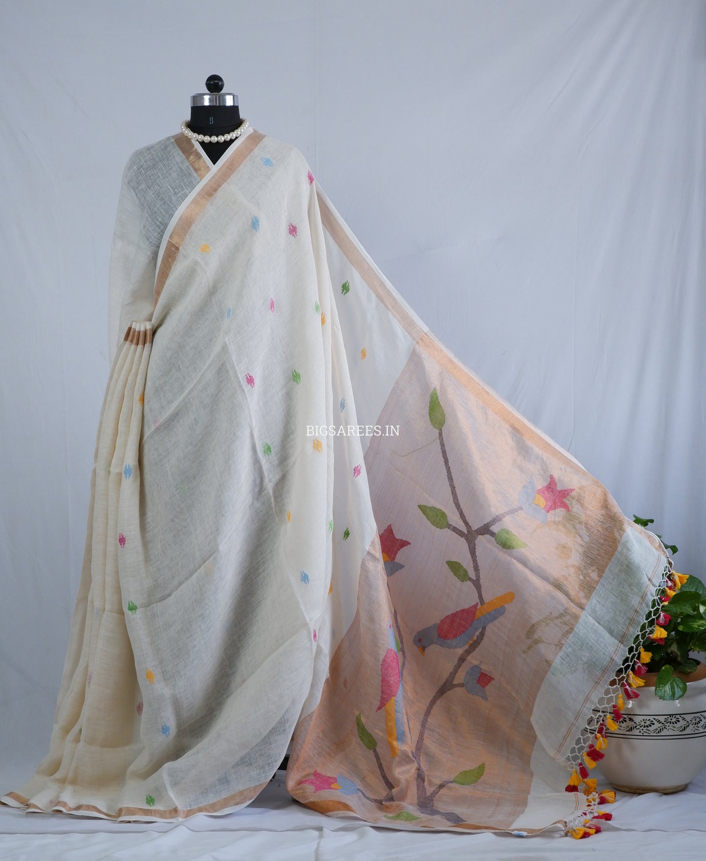 Paithani Style Linen Saree | Jamdani | White