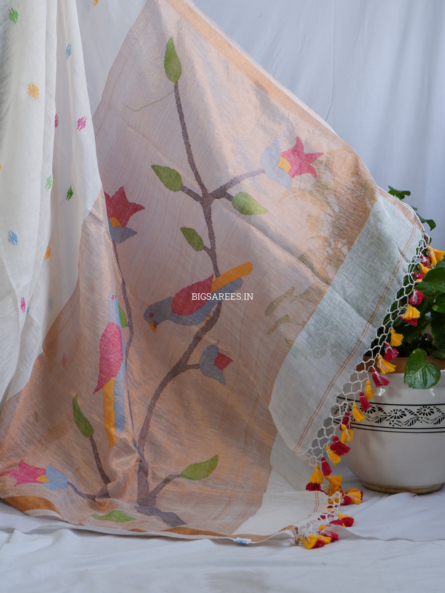 Paithani Style Linen Saree | Jamdani | White