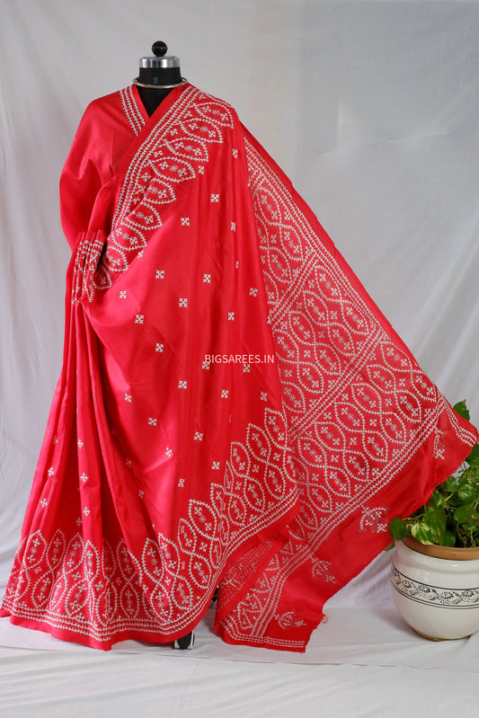 Kutch Hand Embroidered Saree| Pure Bangalore Silk | Red