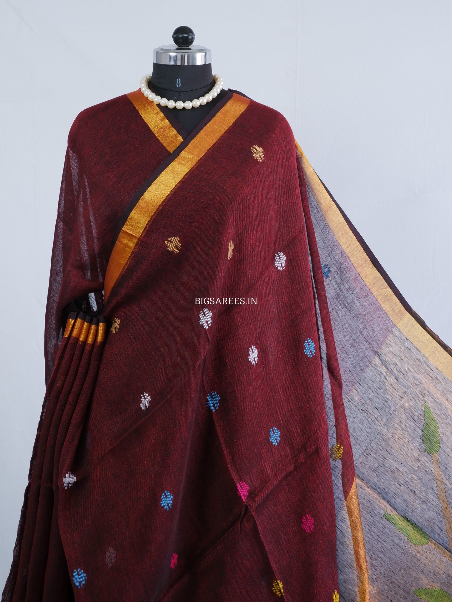 Paithani Style Linen Saree | Jamdani | Maroon