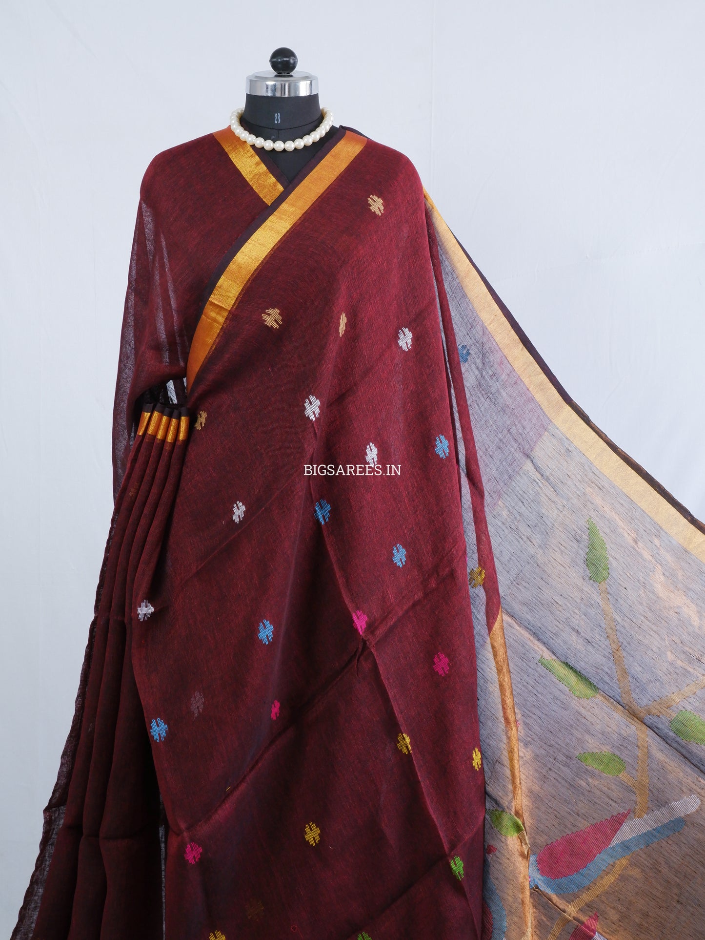 Paithani Style Linen Saree | Jamdani | Maroon