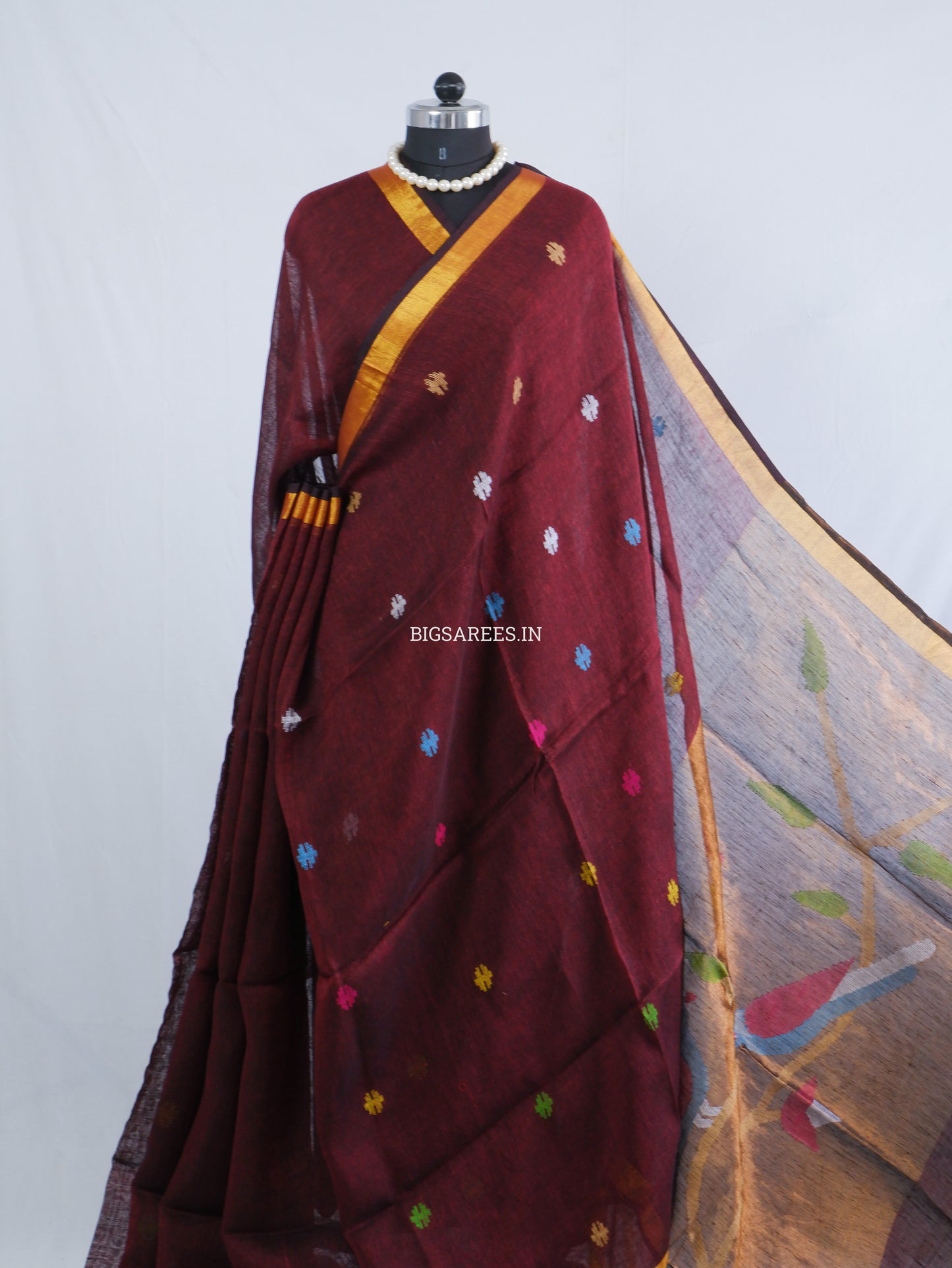 Paithani Style Linen Saree | Jamdani | Maroon