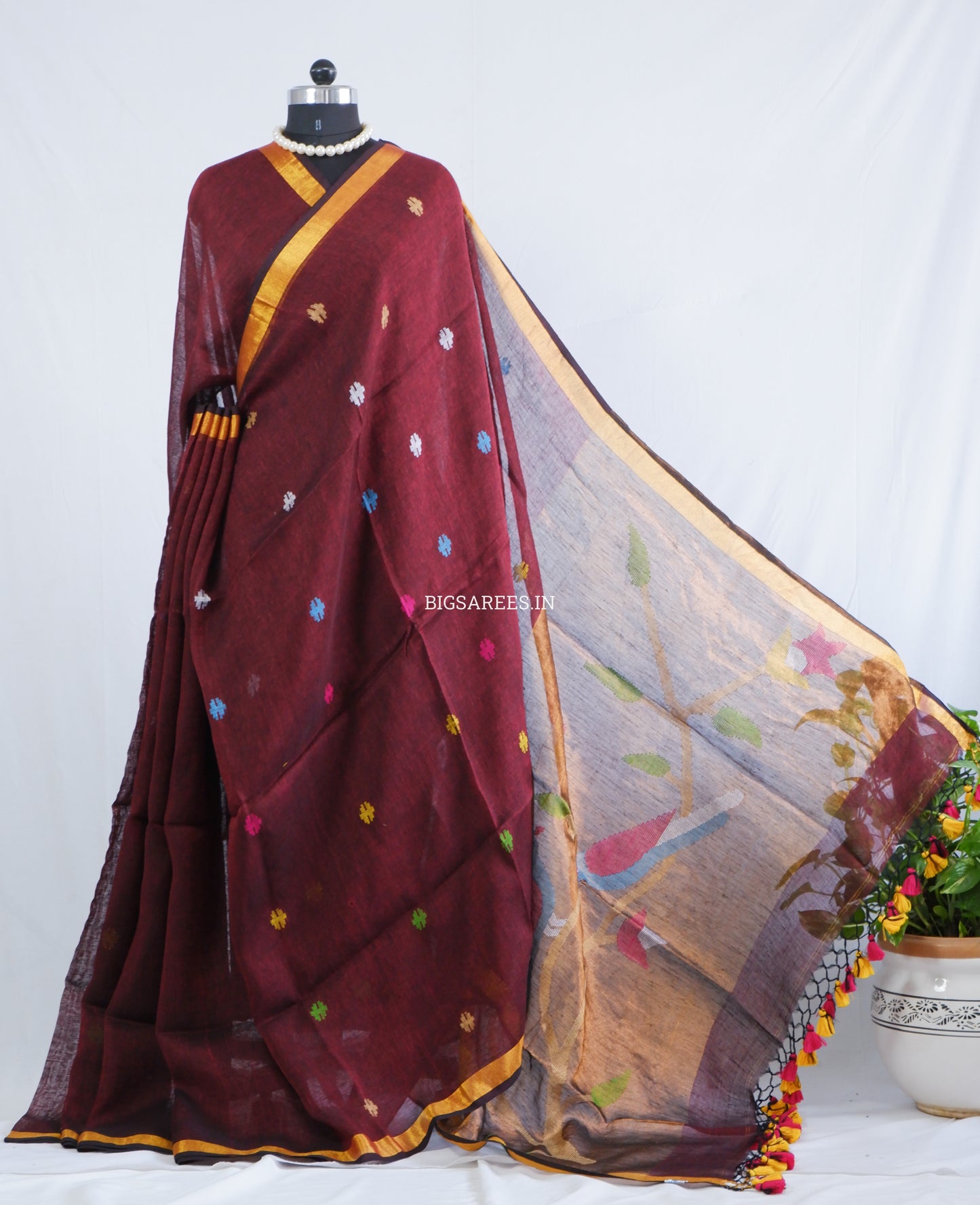 Paithani Style Linen Saree | Jamdani | Maroon