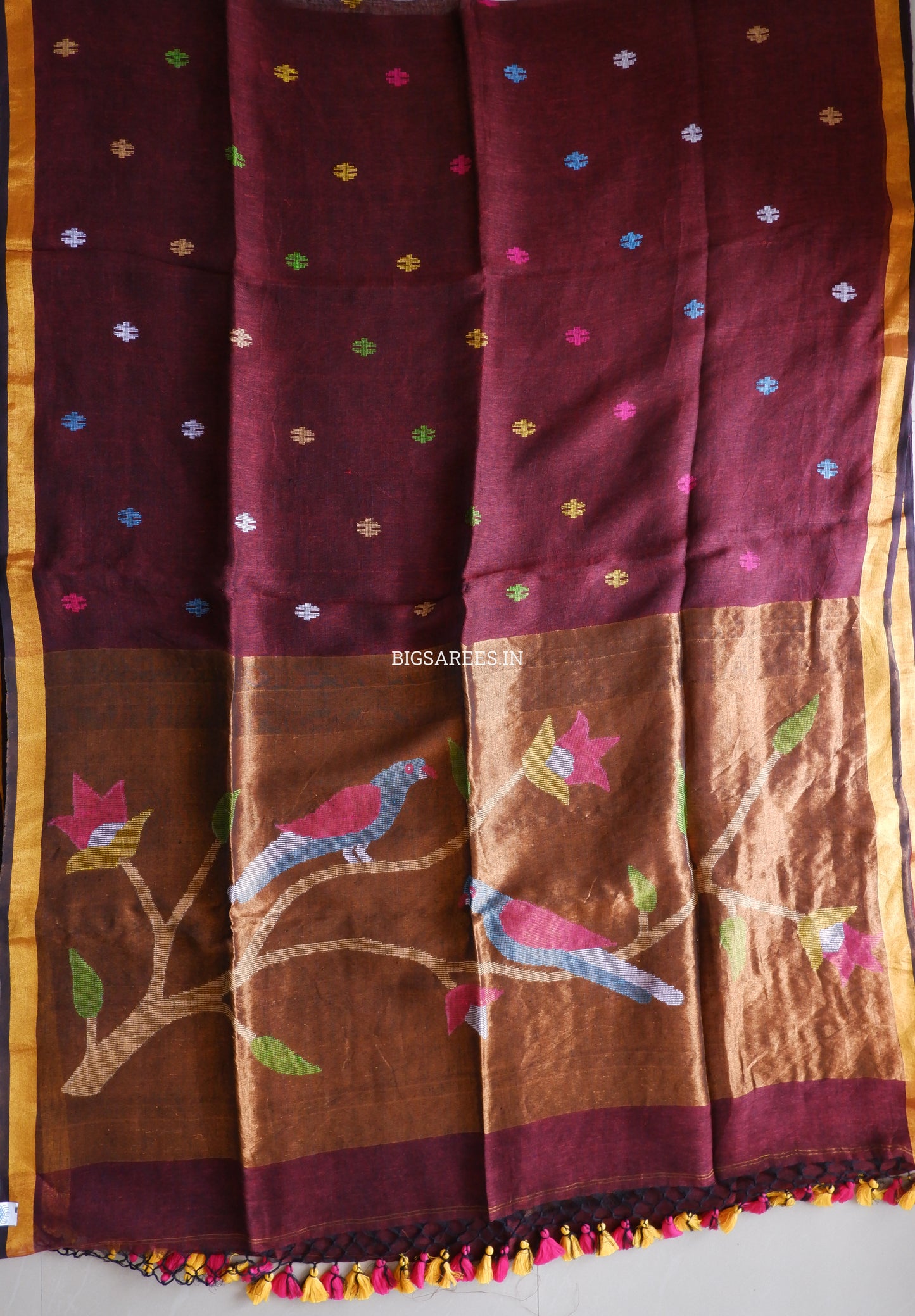Paithani Style Linen Saree | Jamdani | Maroon