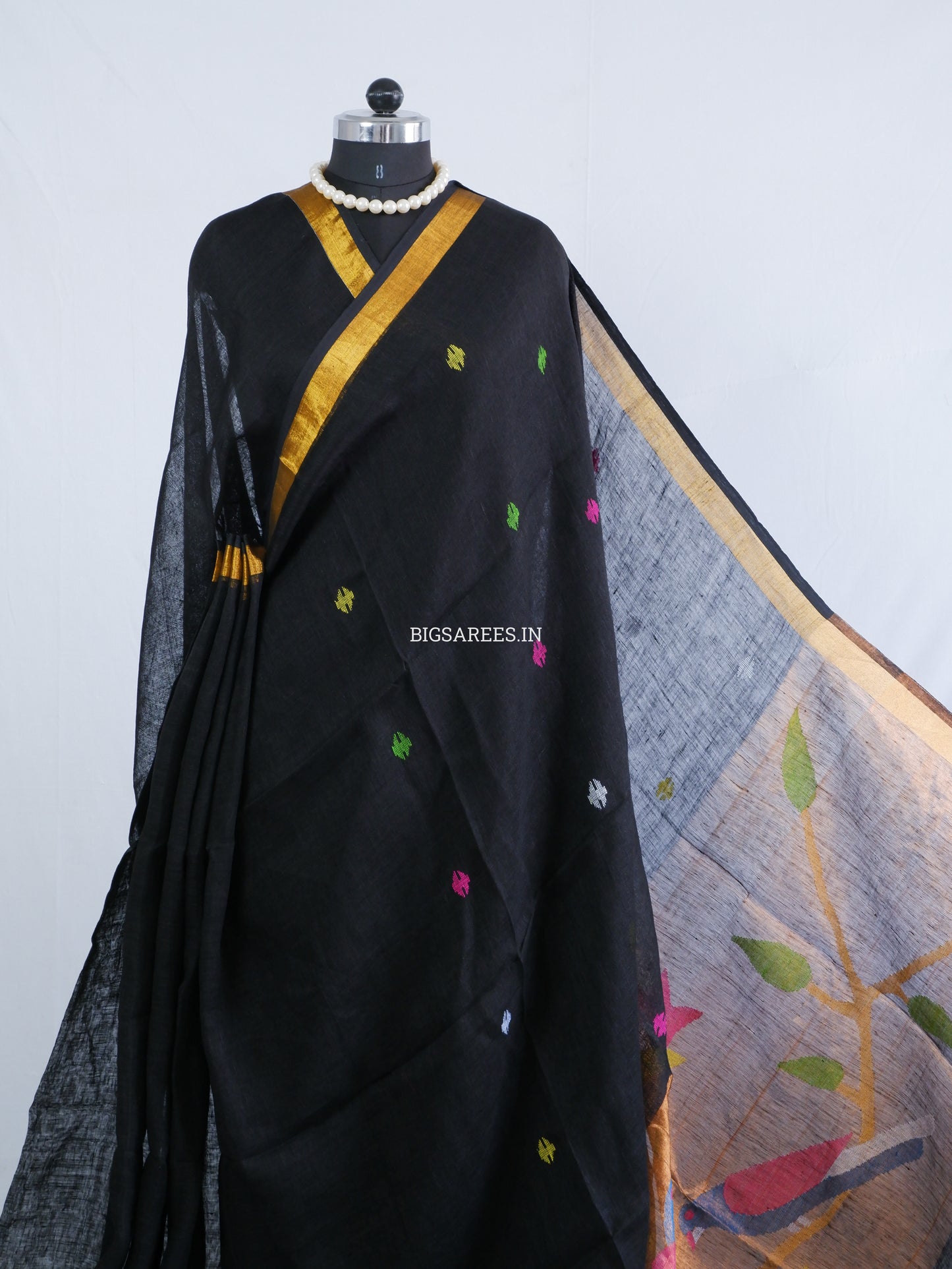 Paithani Style Linen Saree | Jamdani | Black