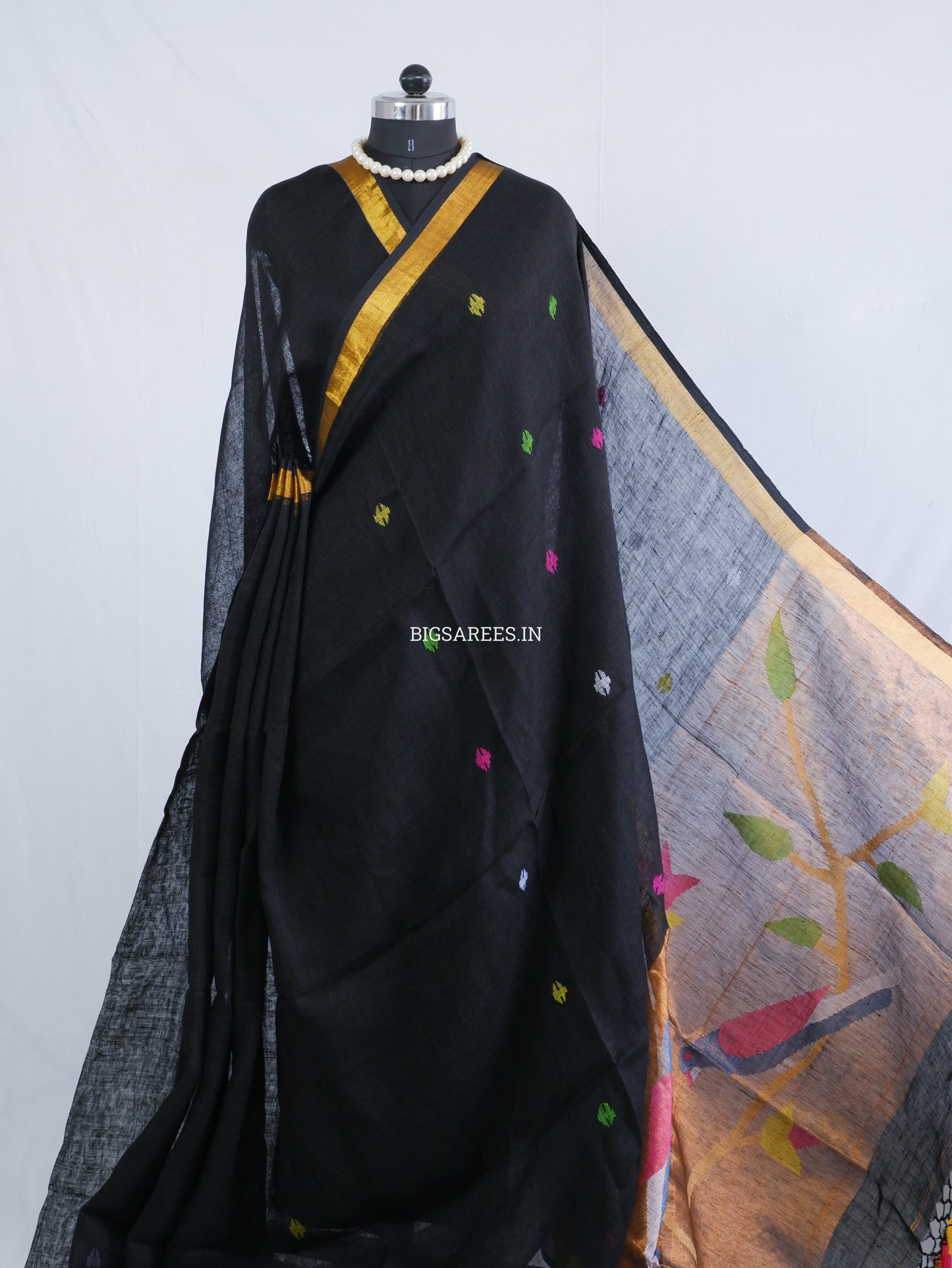 Paithani Style Linen Saree | Jamdani | Black