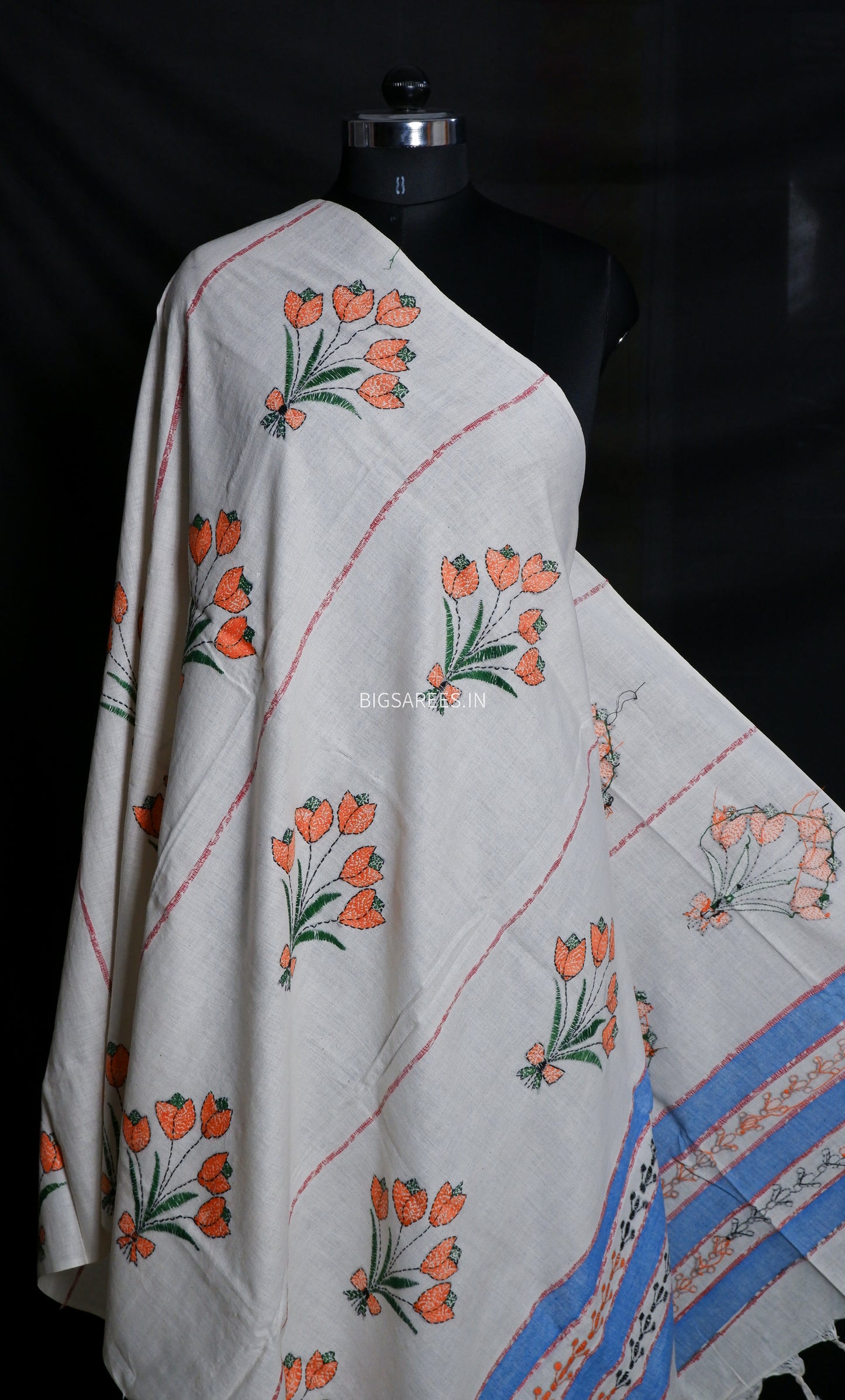 Hand-Embroidered Kantha - Stitch Dupatta | Pure Khesh Cotton | White | 36" |