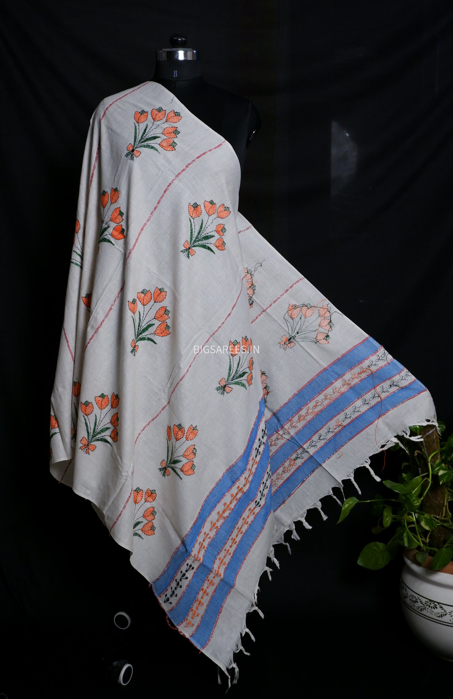 Hand-Embroidered Kantha - Stitch Dupatta | Pure Khesh Cotton | White | 36" |
