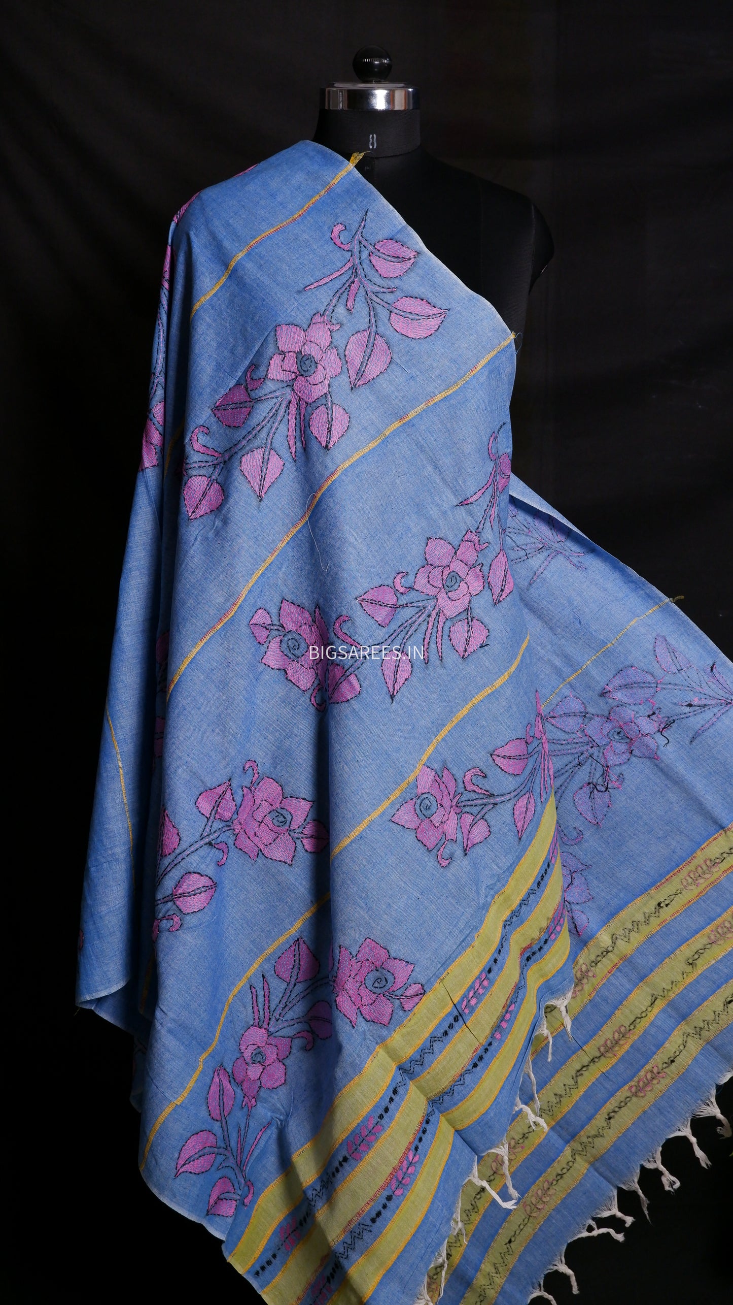 Hand-Embroidered Kantha - Stitch Dupatta | Pure Khesh Cotton | Blue | 35" |