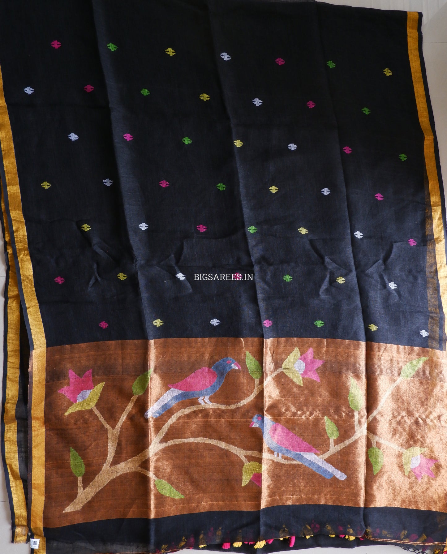 Paithani Style Linen Saree | Jamdani | Black