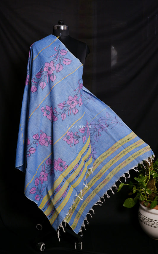 Hand-Embroidered Kantha - Stitch Dupatta | Pure Khesh Cotton | Blue | 35" |