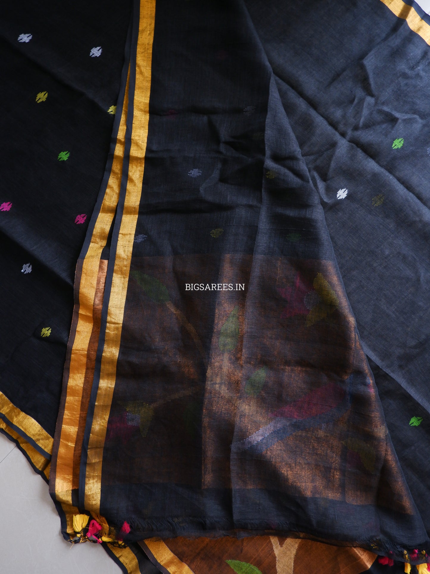 Paithani Style Linen Saree | Jamdani | Black
