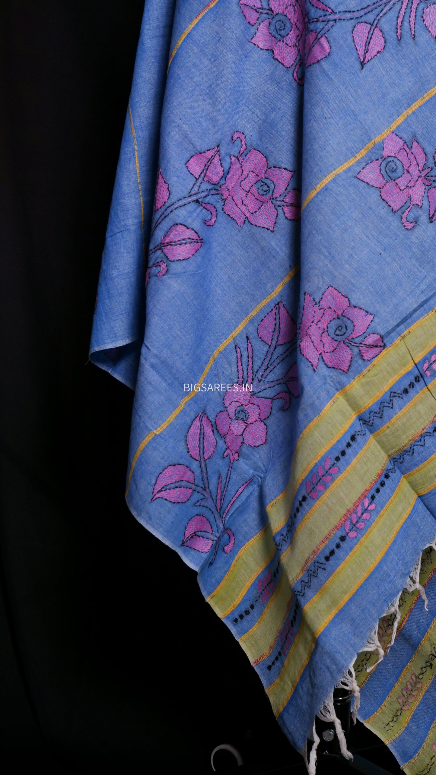 Hand-Embroidered Kantha - Stitch Dupatta | Pure Khesh Cotton | Blue | 35" |