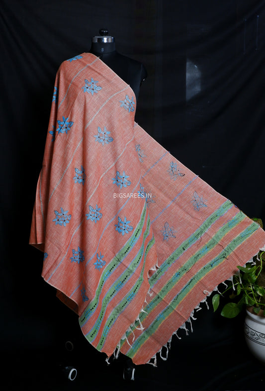 Hand-Embroidered Kantha - Stitch Dupatta | Pure Khesh Cotton | Copper Rose | 36" |