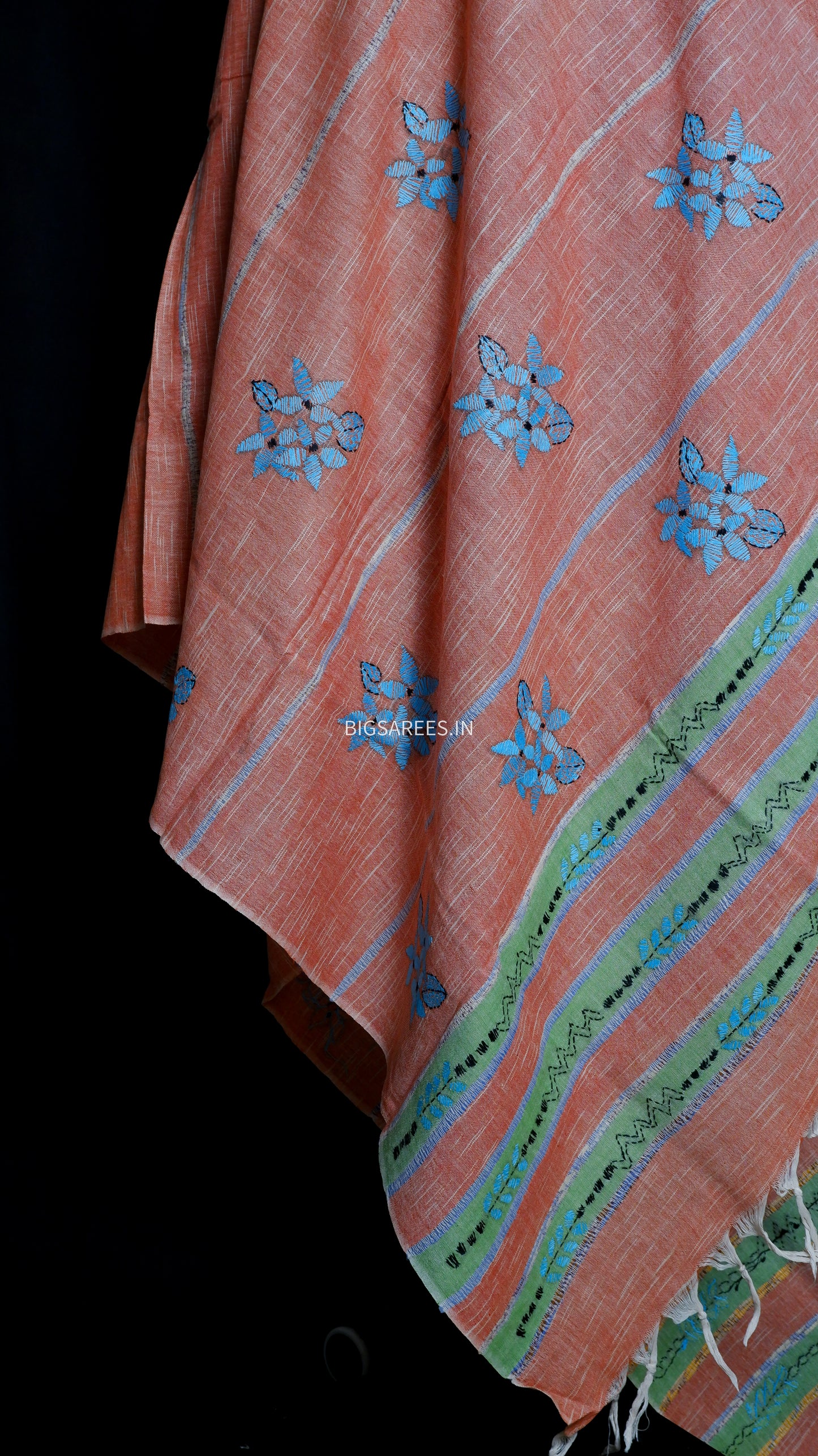 Hand-Embroidered Kantha - Stitch Dupatta | Pure Khesh Cotton | Copper Rose | 36" |