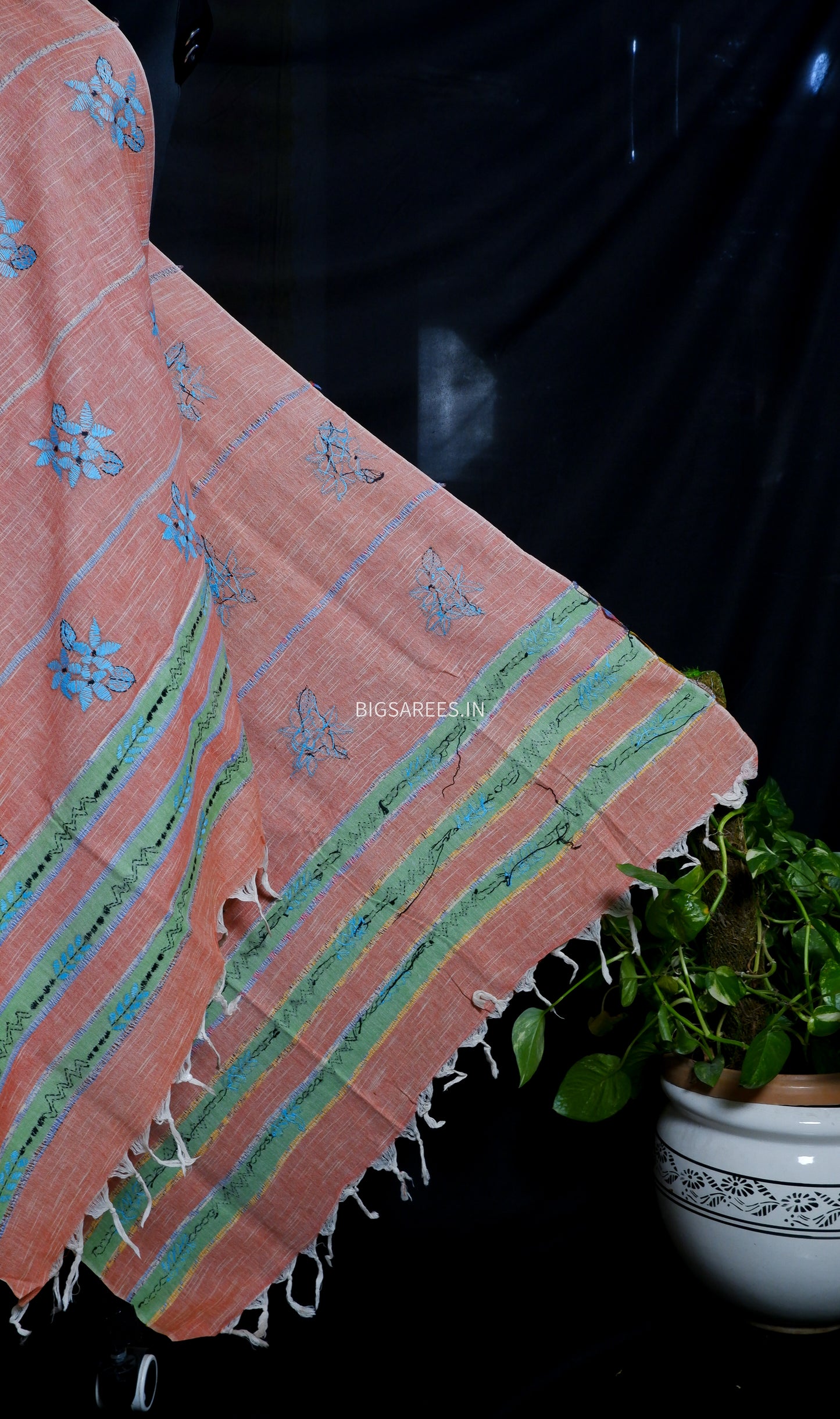 Hand-Embroidered Kantha - Stitch Dupatta | Pure Khesh Cotton | Copper Rose | 36" |