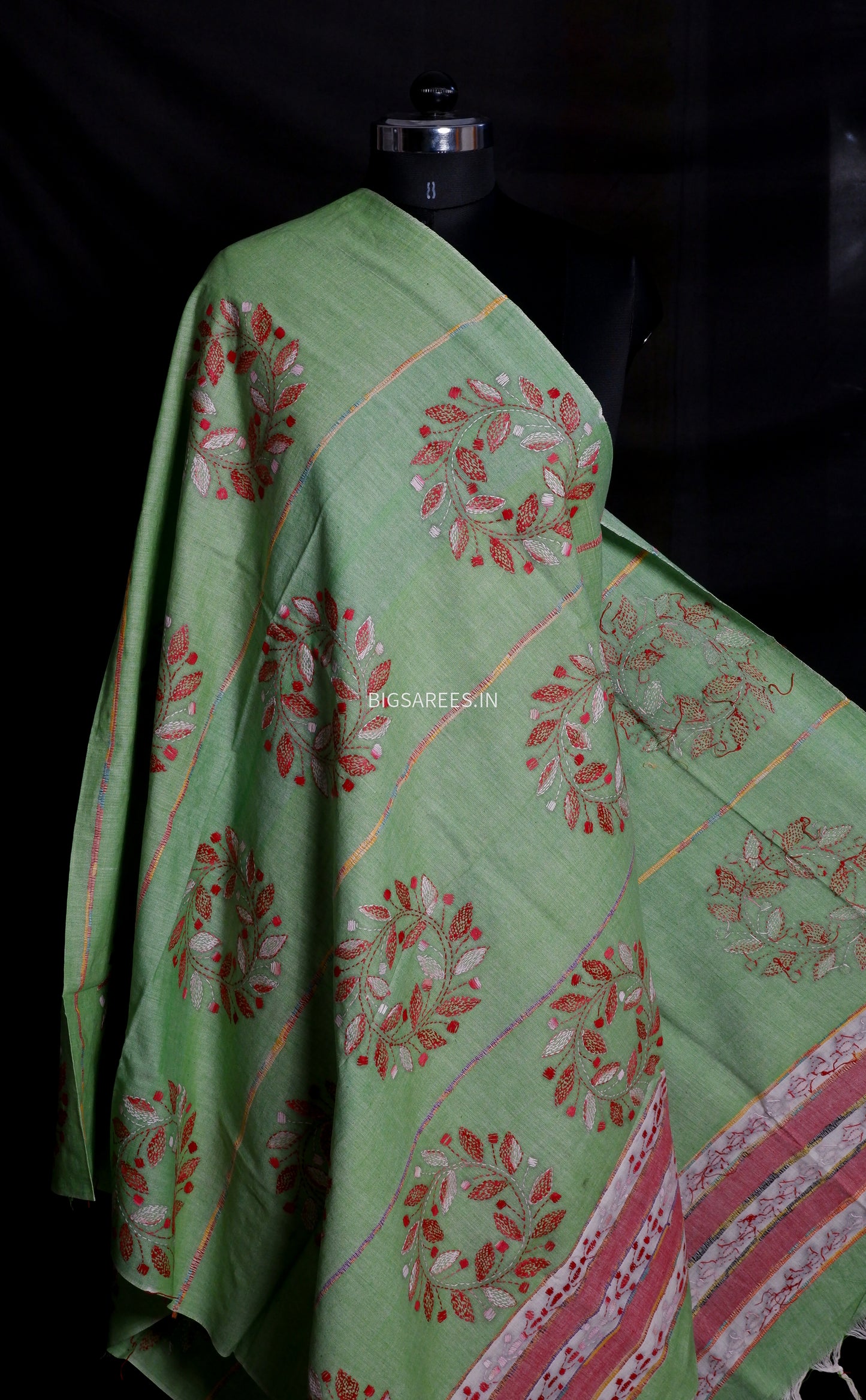 Hand-Embroidered Kantha - Stitch Dupatta | Pure Khesh Cotton | Sage Green | 36" |