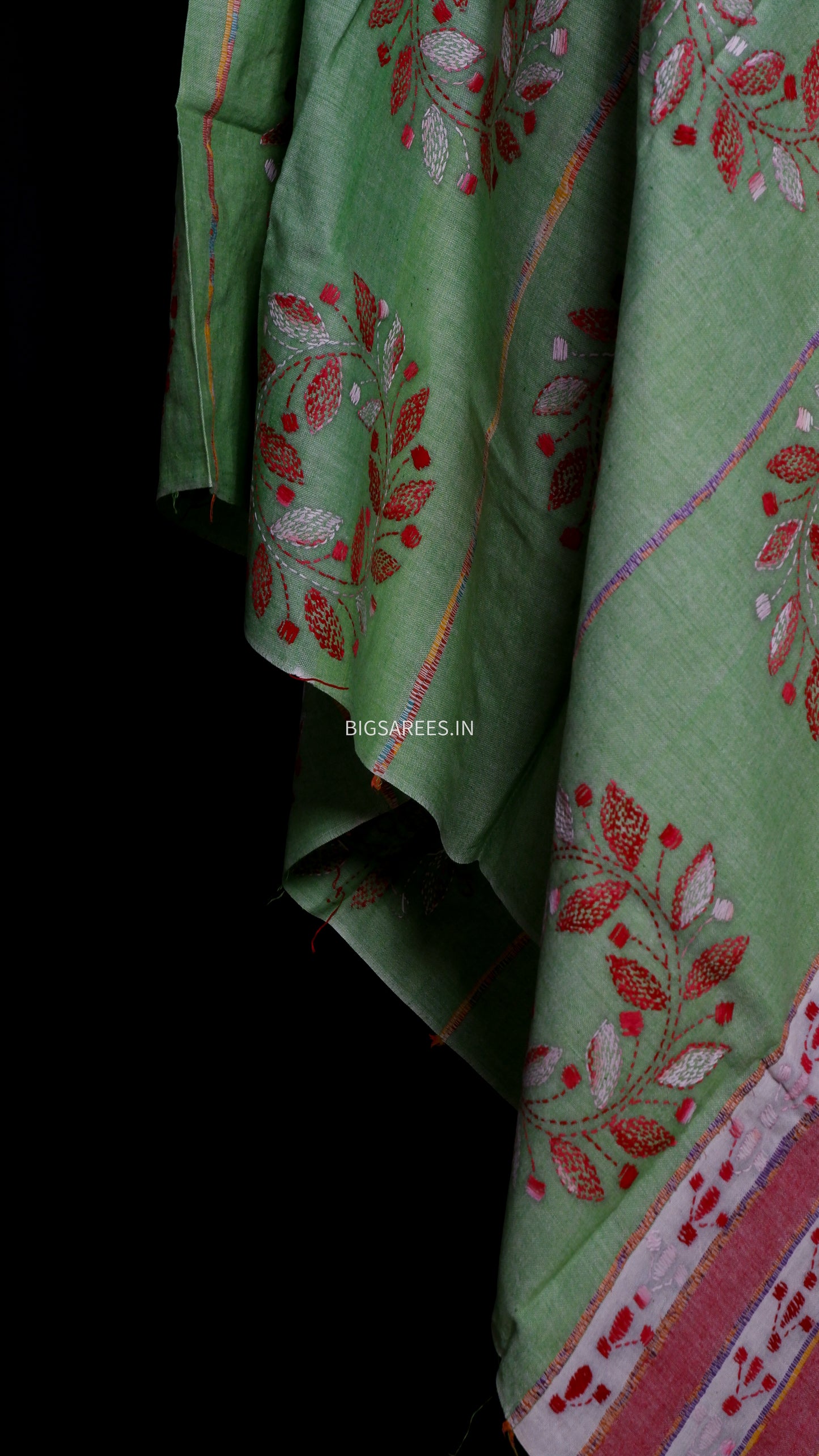 Hand-Embroidered Kantha - Stitch Dupatta | Pure Khesh Cotton | Sage Green | 36" |