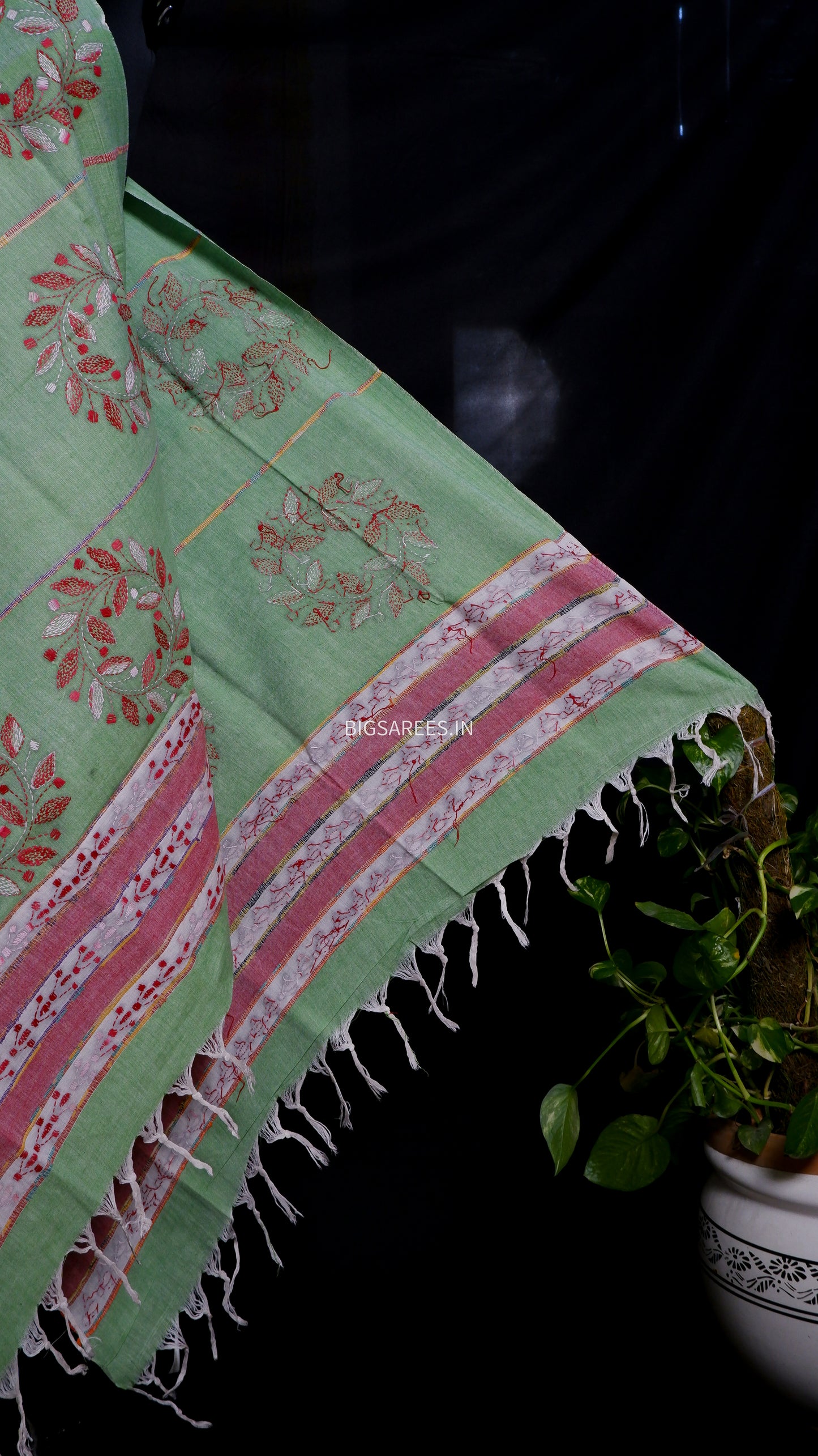 Hand-Embroidered Kantha - Stitch Dupatta | Pure Khesh Cotton | Sage Green | 36" |