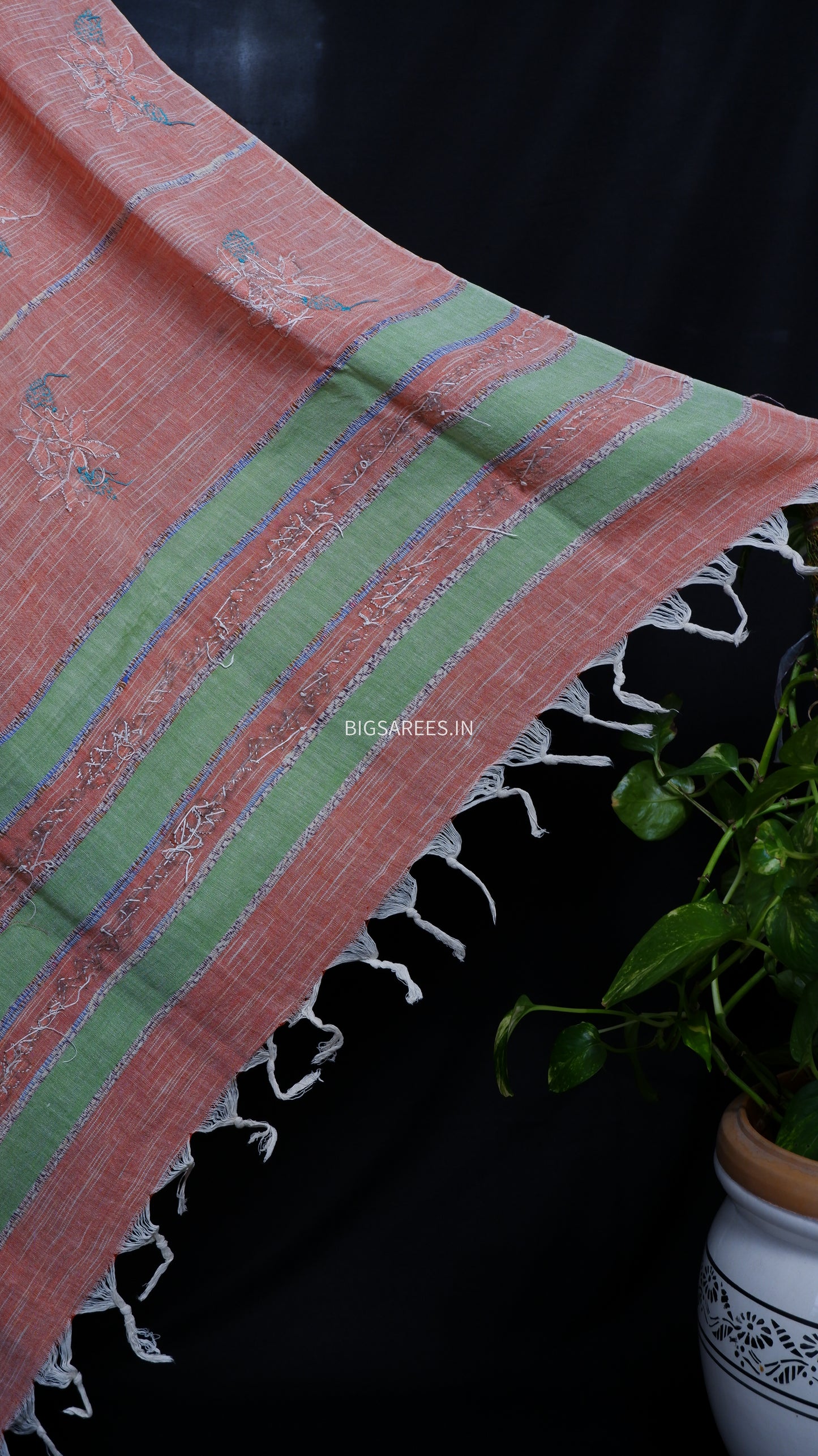 Hand-Embroidered Kantha - Stitch Dupatta | Pure Khesh Cotton | Red Orange | 36"|