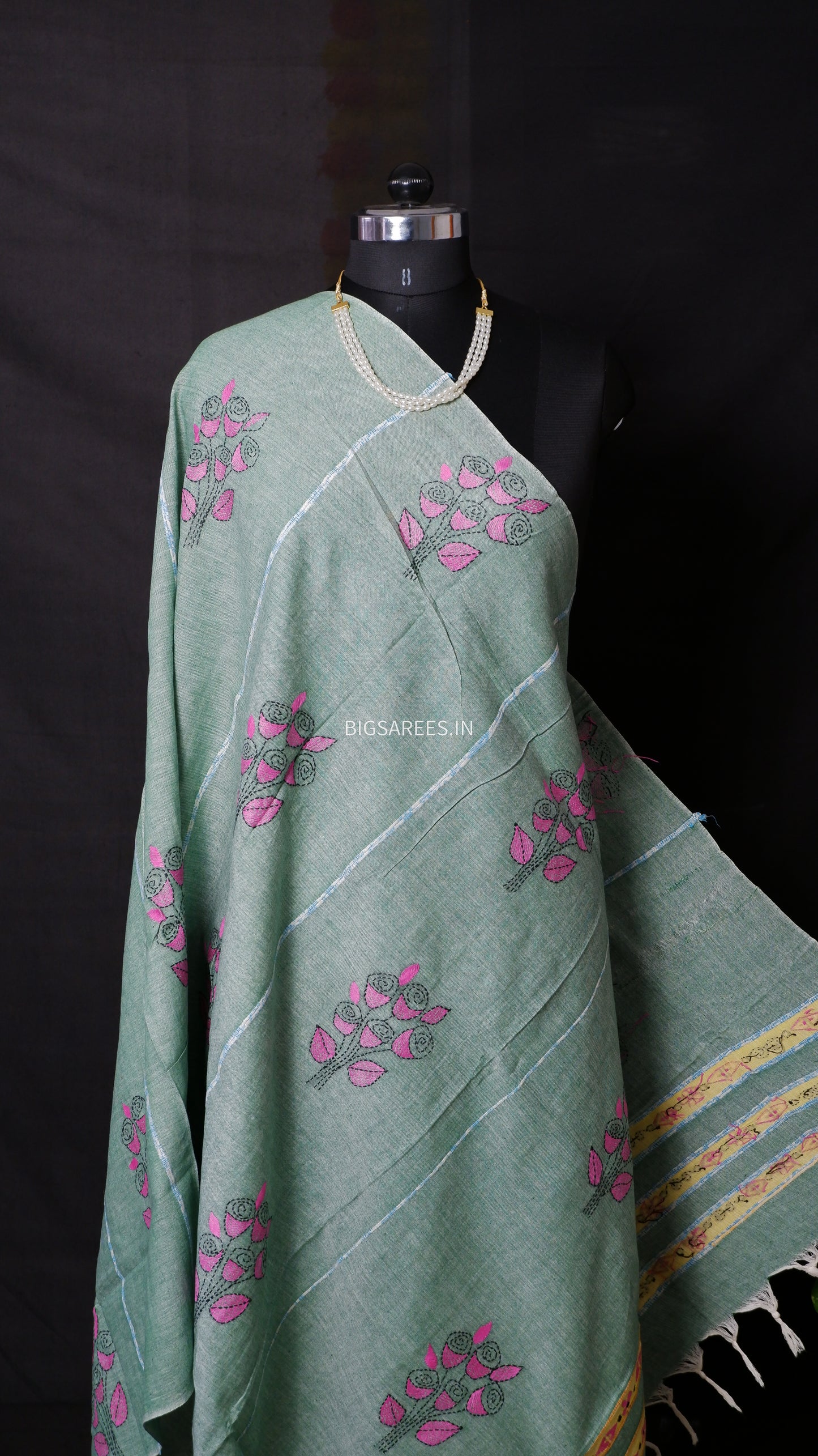 Hand-Embroidered Kantha - Stitch Dupatta | Pure Khesh Cotton | Mint Green | 36"|