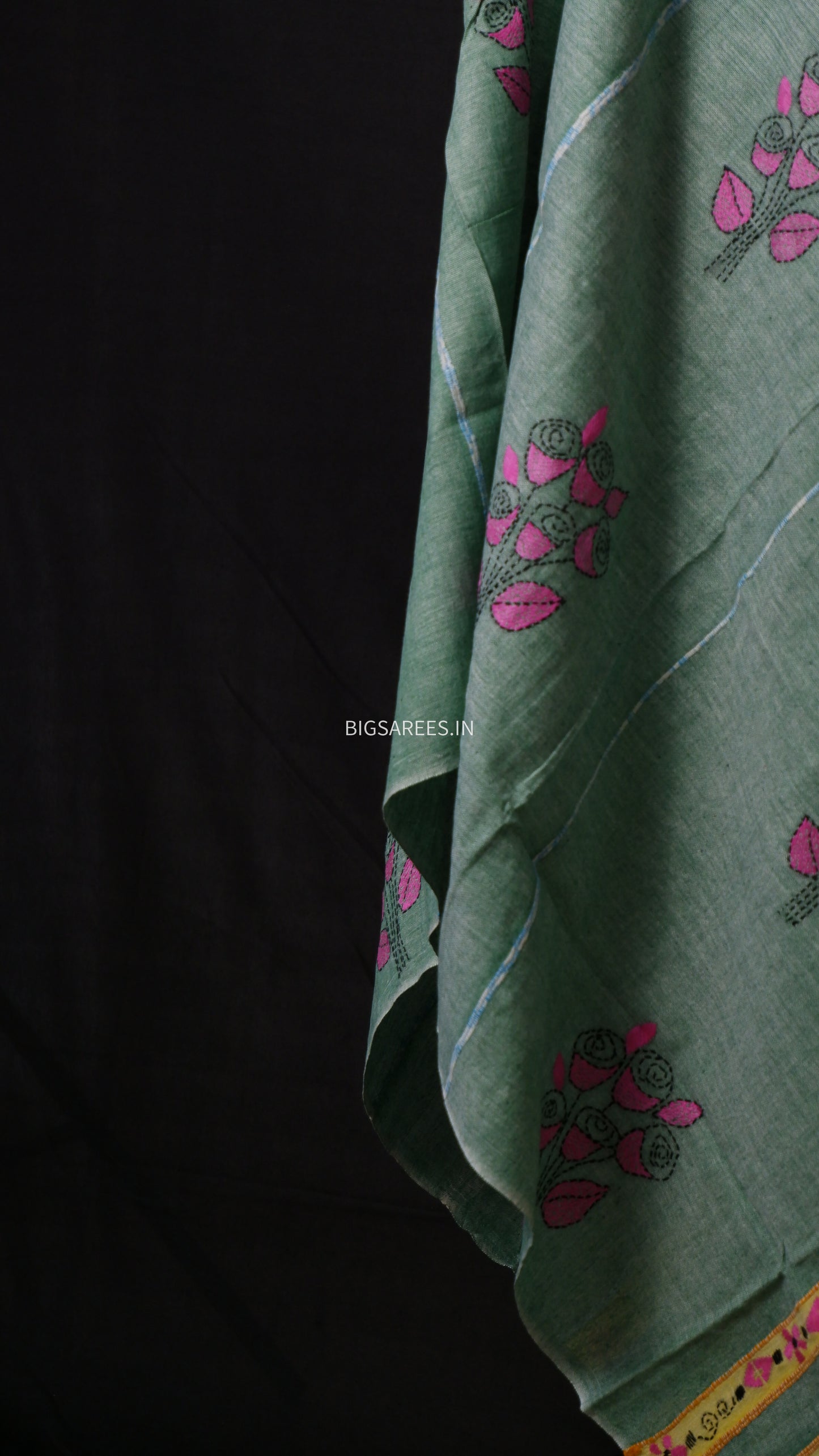 Hand-Embroidered Kantha - Stitch Dupatta | Pure Khesh Cotton | Mint Green | 36"|