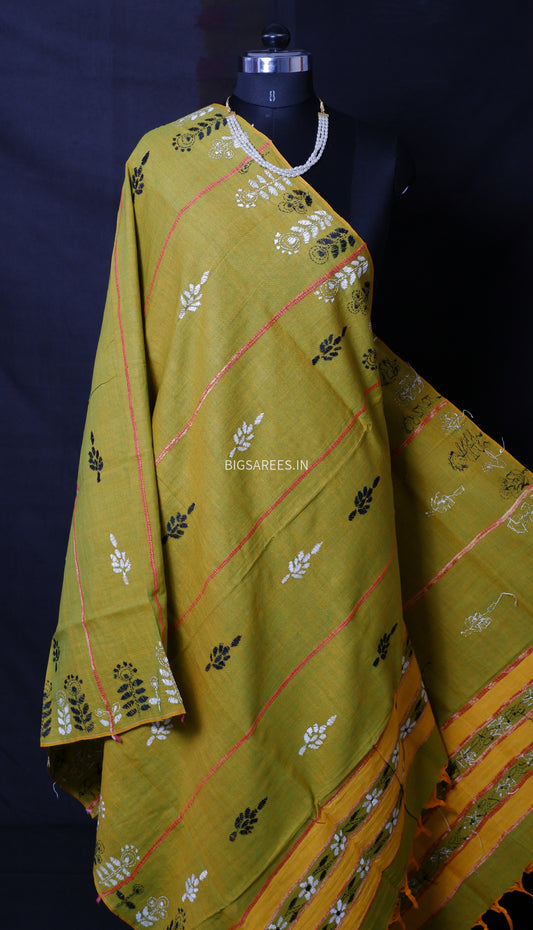 Hand-Embroidered Kantha - Stitch Dupatta | Pure Khesh Cotton | Olive Green | 36"|
