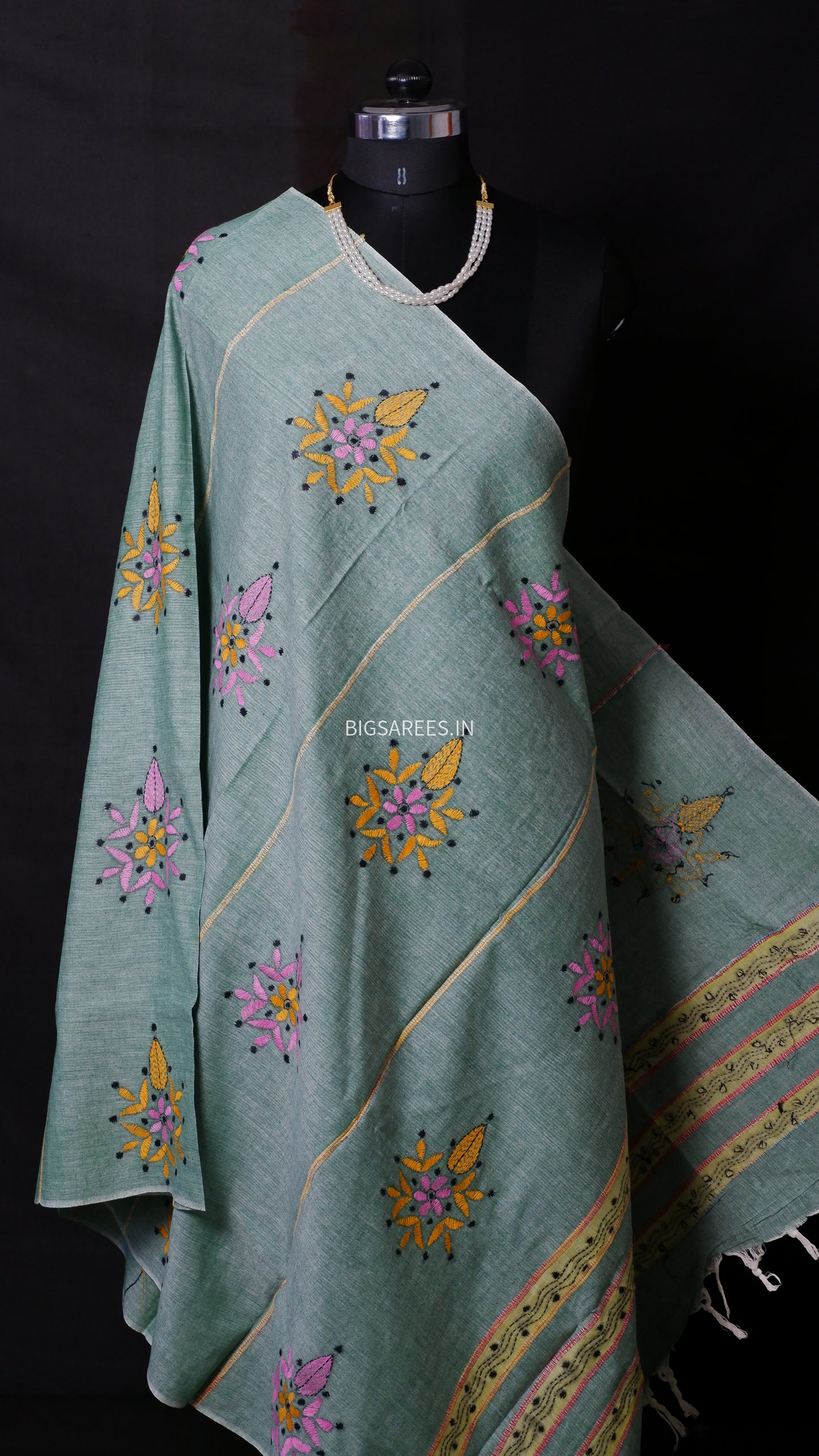 Hand-Embroidered Kantha - Stitch Dupatta | Pure Khesh Cotton | Mint Green | 36"|