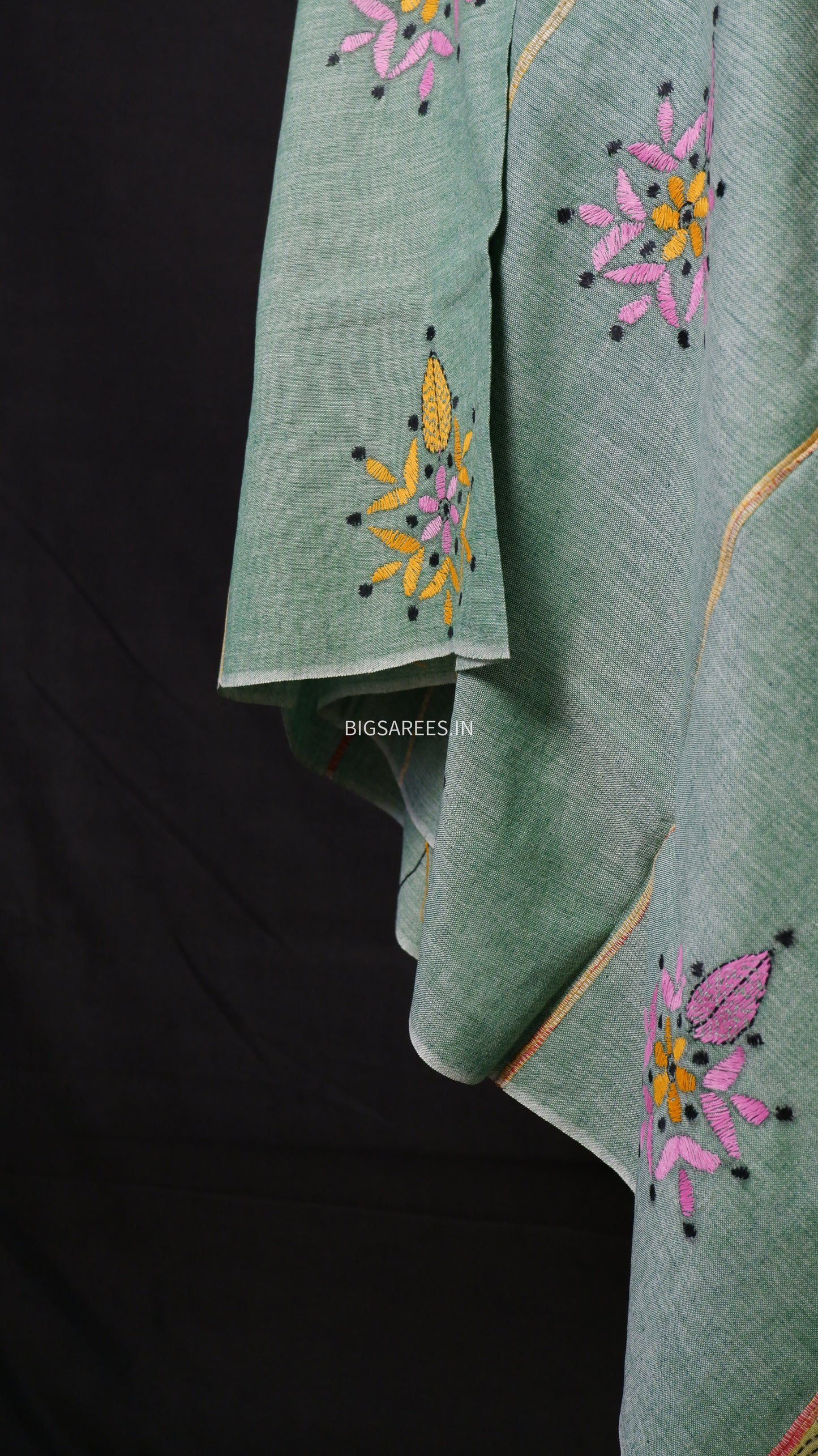 Hand-Embroidered Kantha - Stitch Dupatta | Pure Khesh Cotton | Mint Green | 36"|