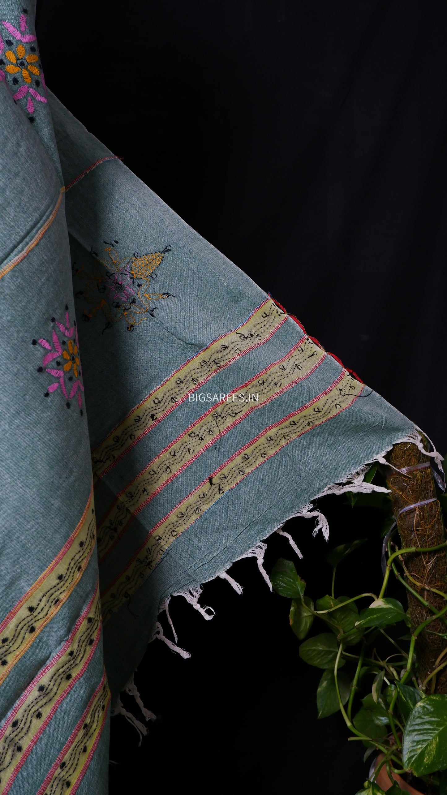 Hand-Embroidered Kantha - Stitch Dupatta | Pure Khesh Cotton | Mint Green | 36"|