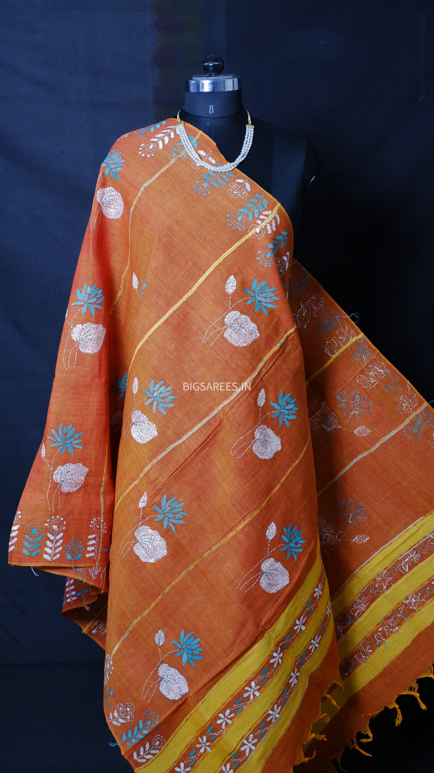 Hand-Embroidered Kantha - Stitch Dupatta | Pure Khesh Cotton | Burnt Orange | 35"|