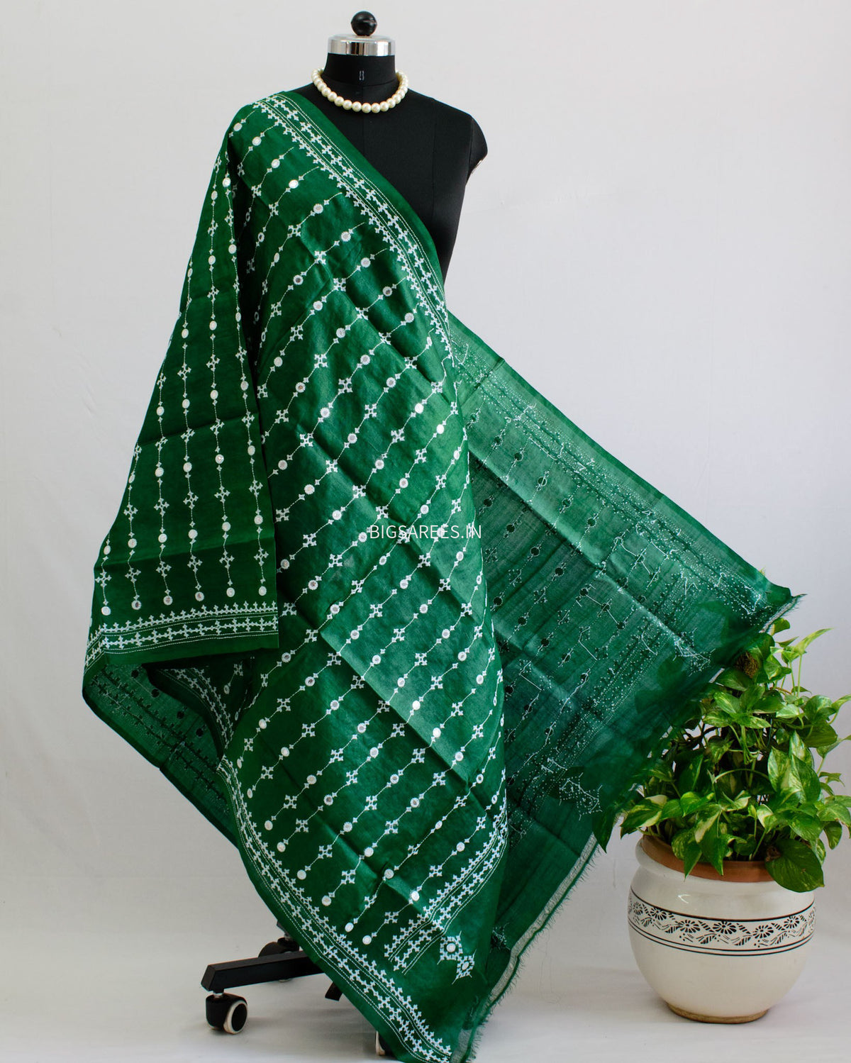 Kutchi Work Dupatta | Tussar Silk | Forest Green