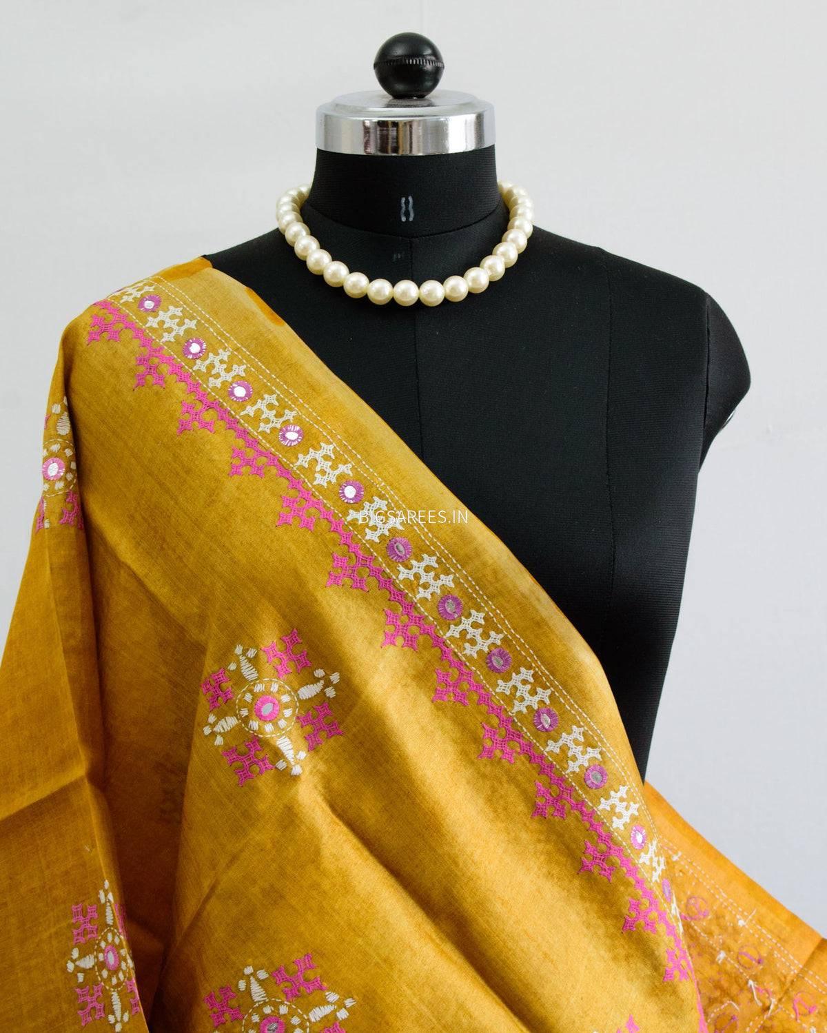 Kutchi Work Dupatta | Tussar Silk | Mustard/Black