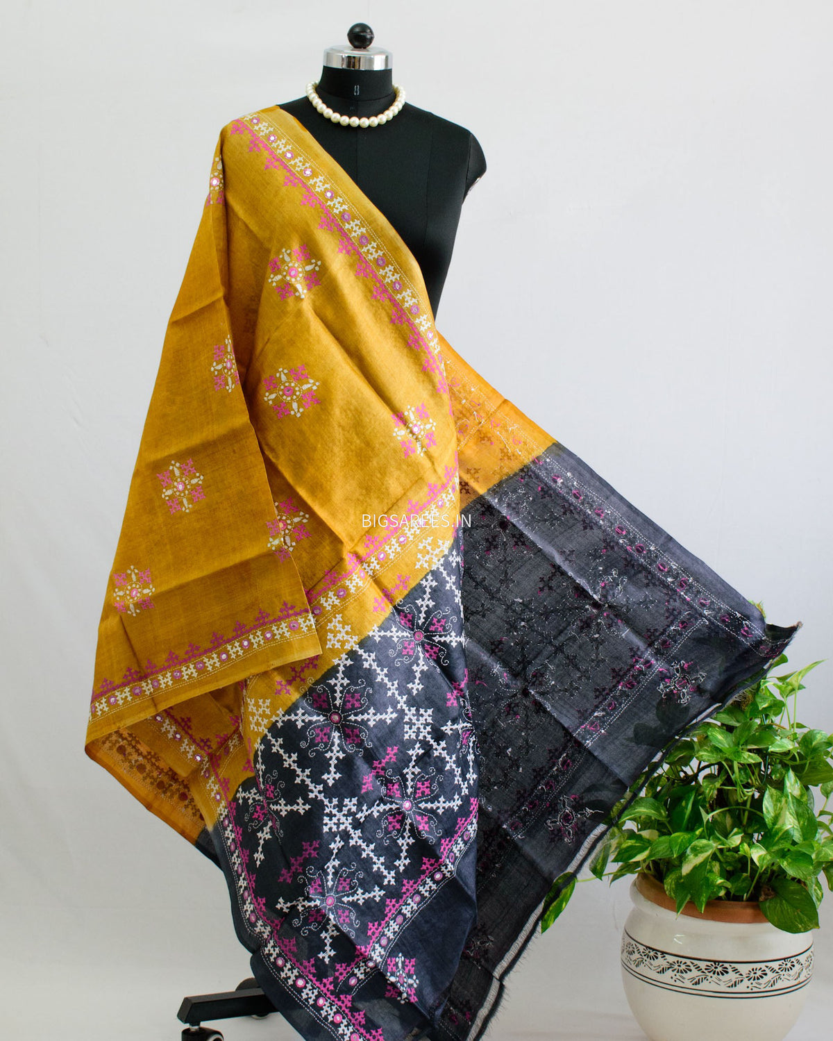 Kutchi Work Dupatta | Tussar Silk | Mustard/Black