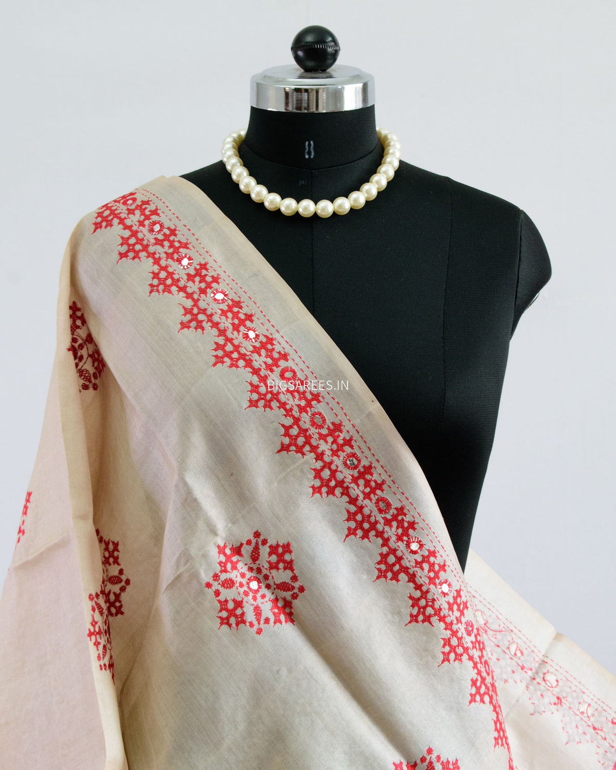 Kutchi Work Dupatta | Tussar Silk | Beige/Red