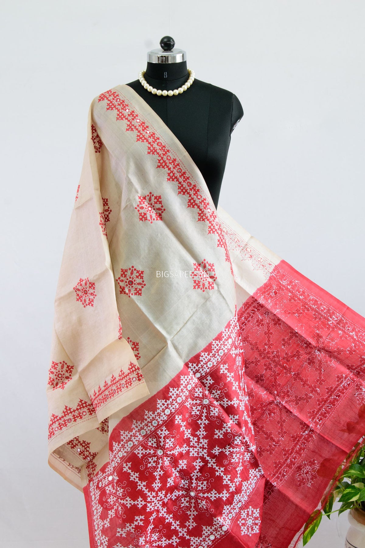 Kutchi Work Dupatta | Tussar Silk | Beige/Red