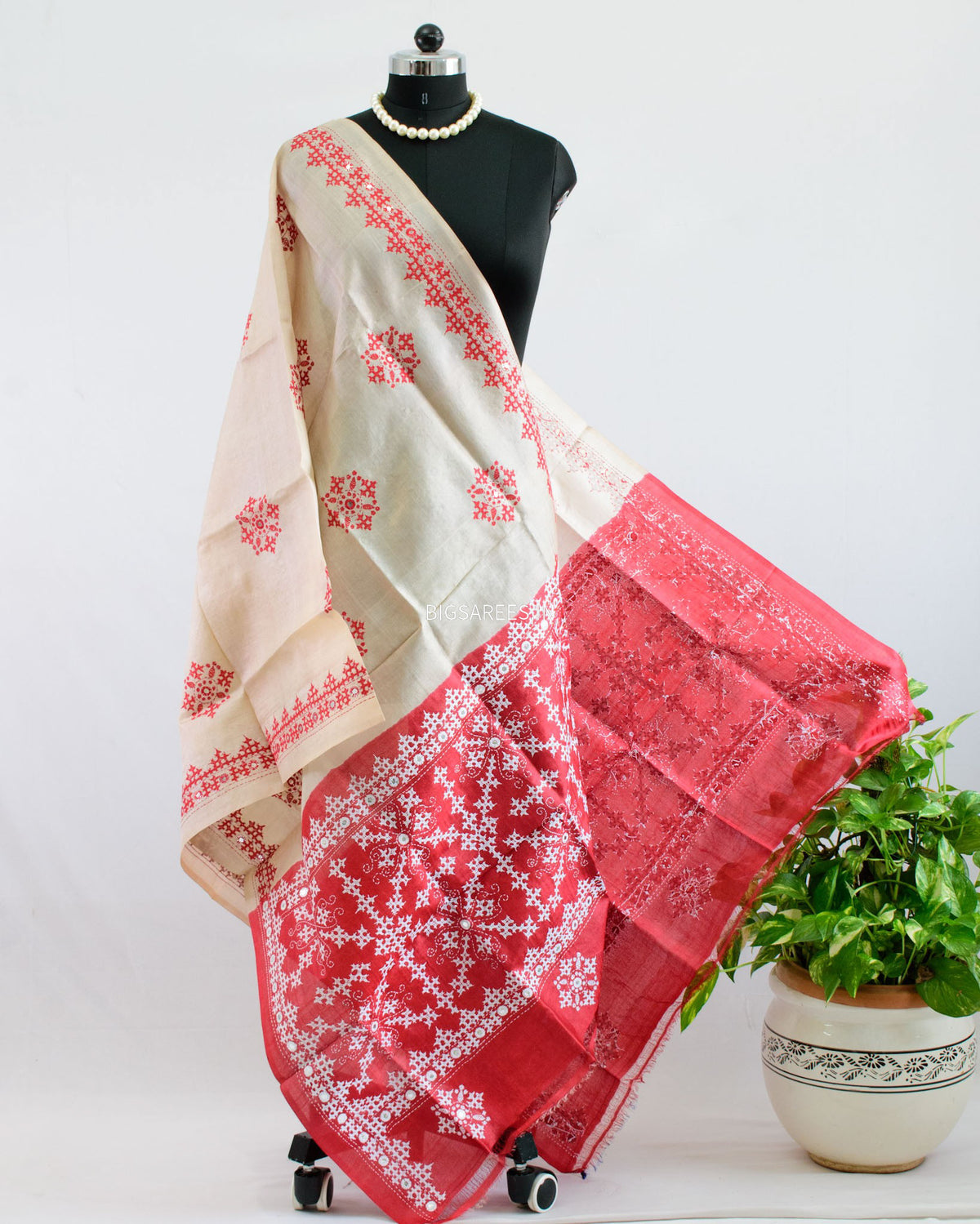 Kutchi Work Dupatta | Tussar Silk | Beige/Red