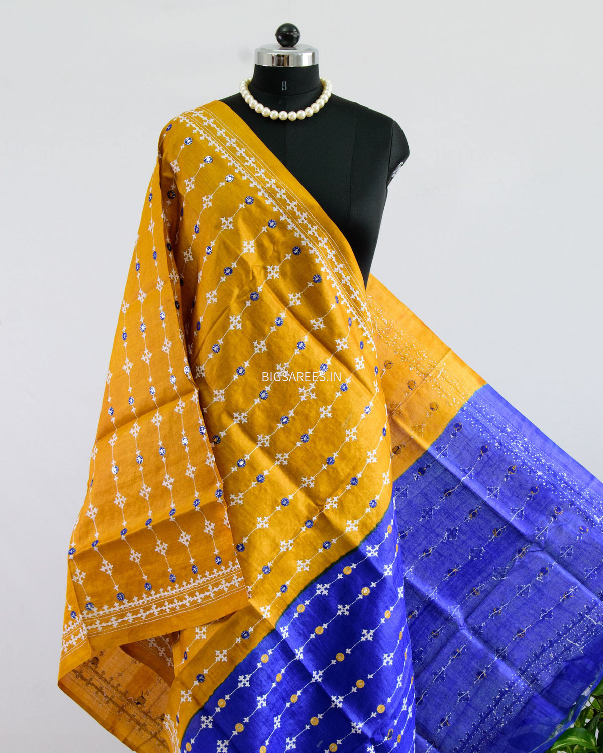 Kutchi Work Dupatta | Tussar Silk | Mustard\Blue