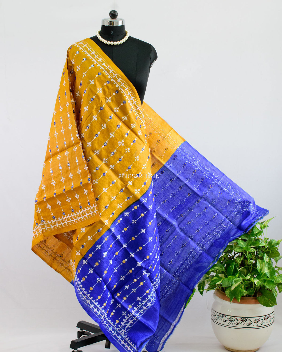 Kutchi Work Dupatta | Tussar Silk | Mustard\Blue