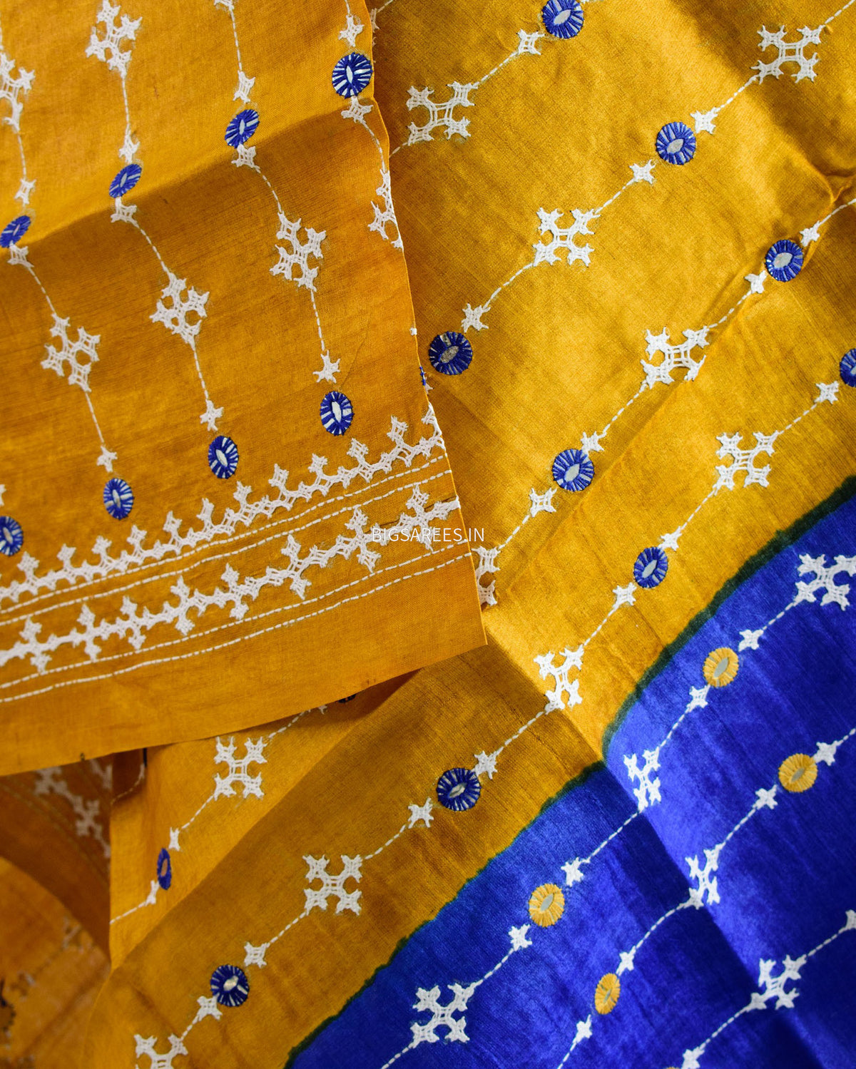 Kutchi Work Dupatta | Tussar Silk | Mustard\Blue